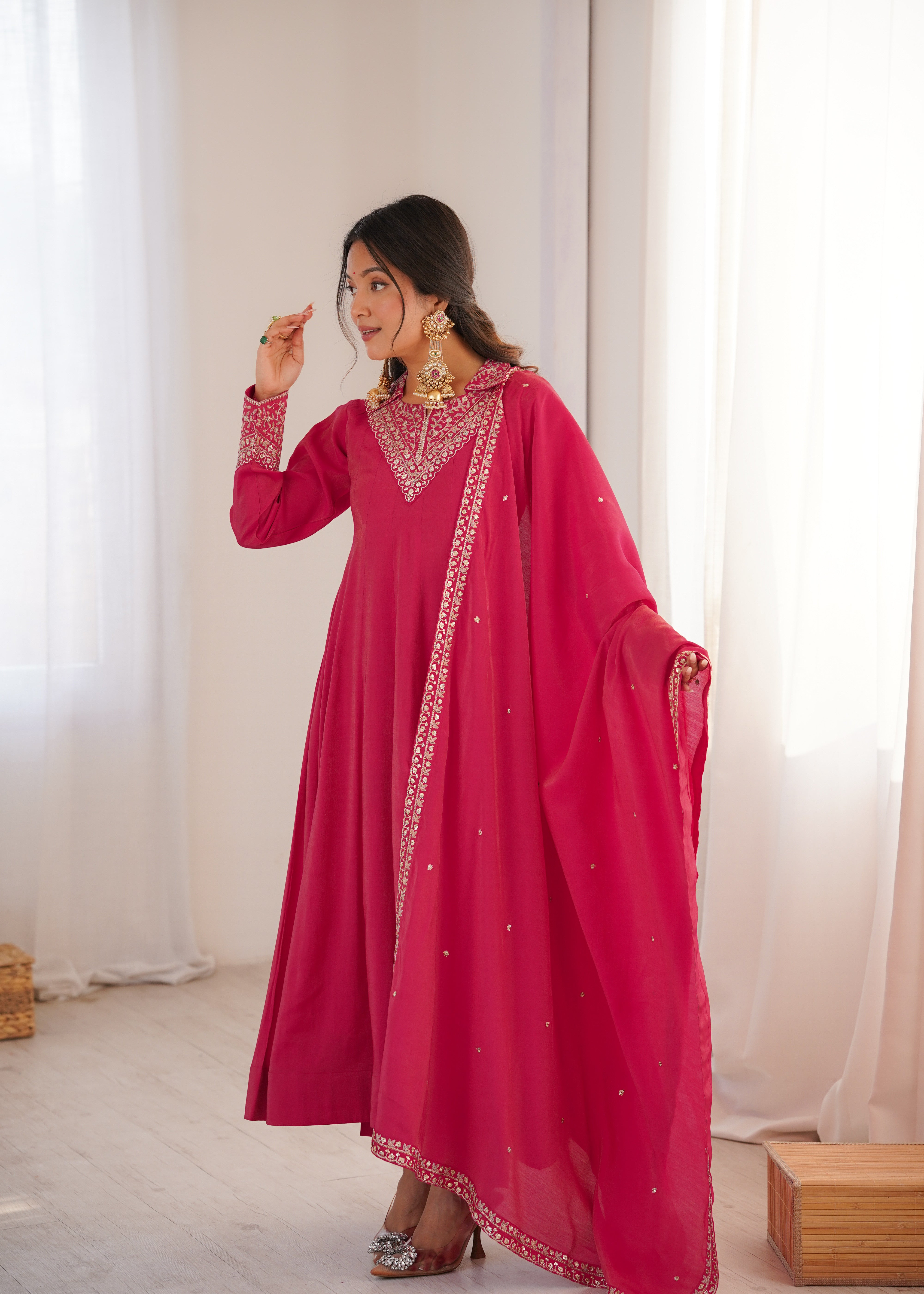 Premium Pink Embroidered Anarkali Suit Set with Dupatta – Festive & Wedding Wear