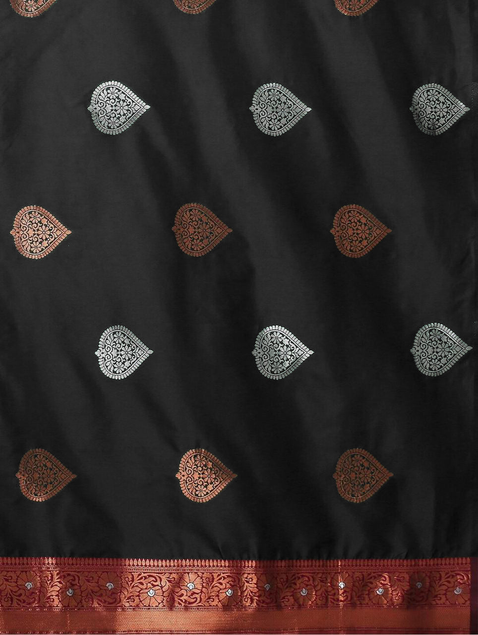 Elegant Black Silk Saree with Zari Motifs & Rich Copper Border