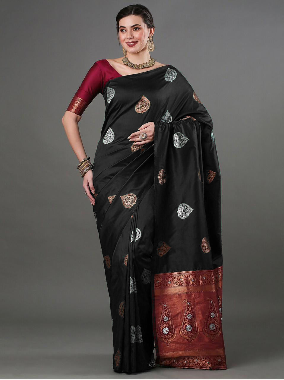 Elegant Black Silk Saree with Zari Motifs & Rich Copper Border
