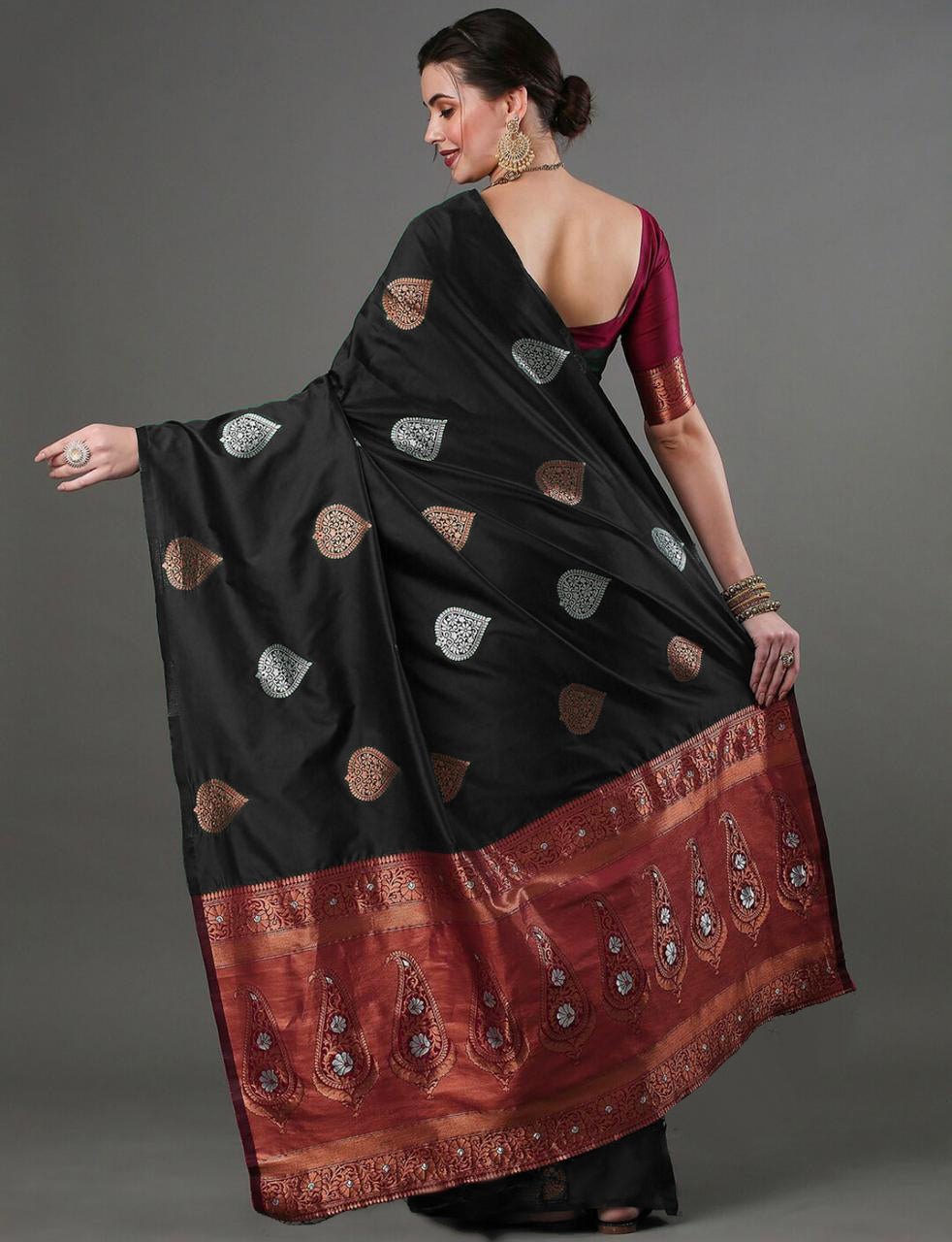 Elegant Black Silk Saree with Zari Motifs & Rich Copper Border