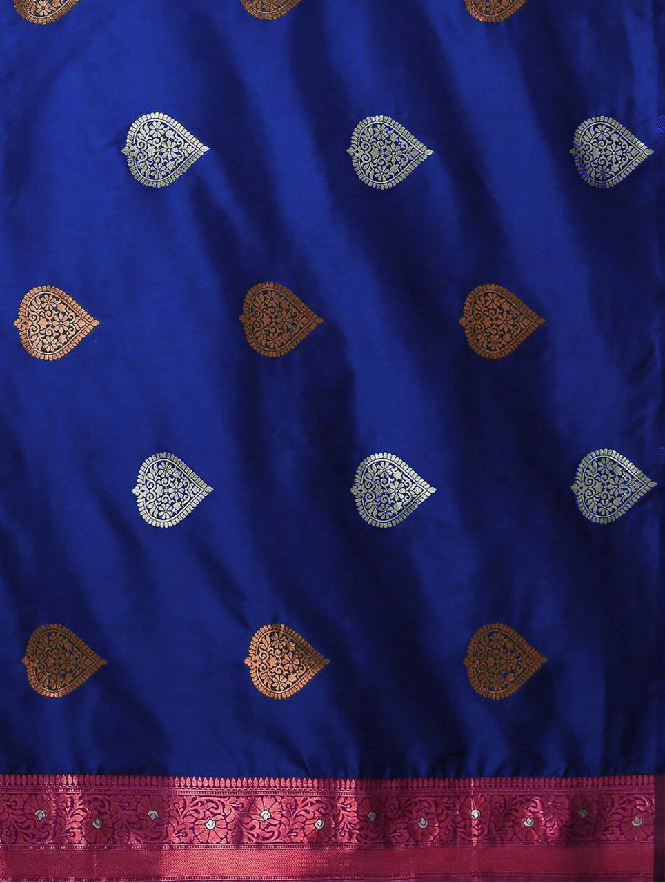 Elegant Blue Silk Saree with Zari Motifs & Rich Copper Border