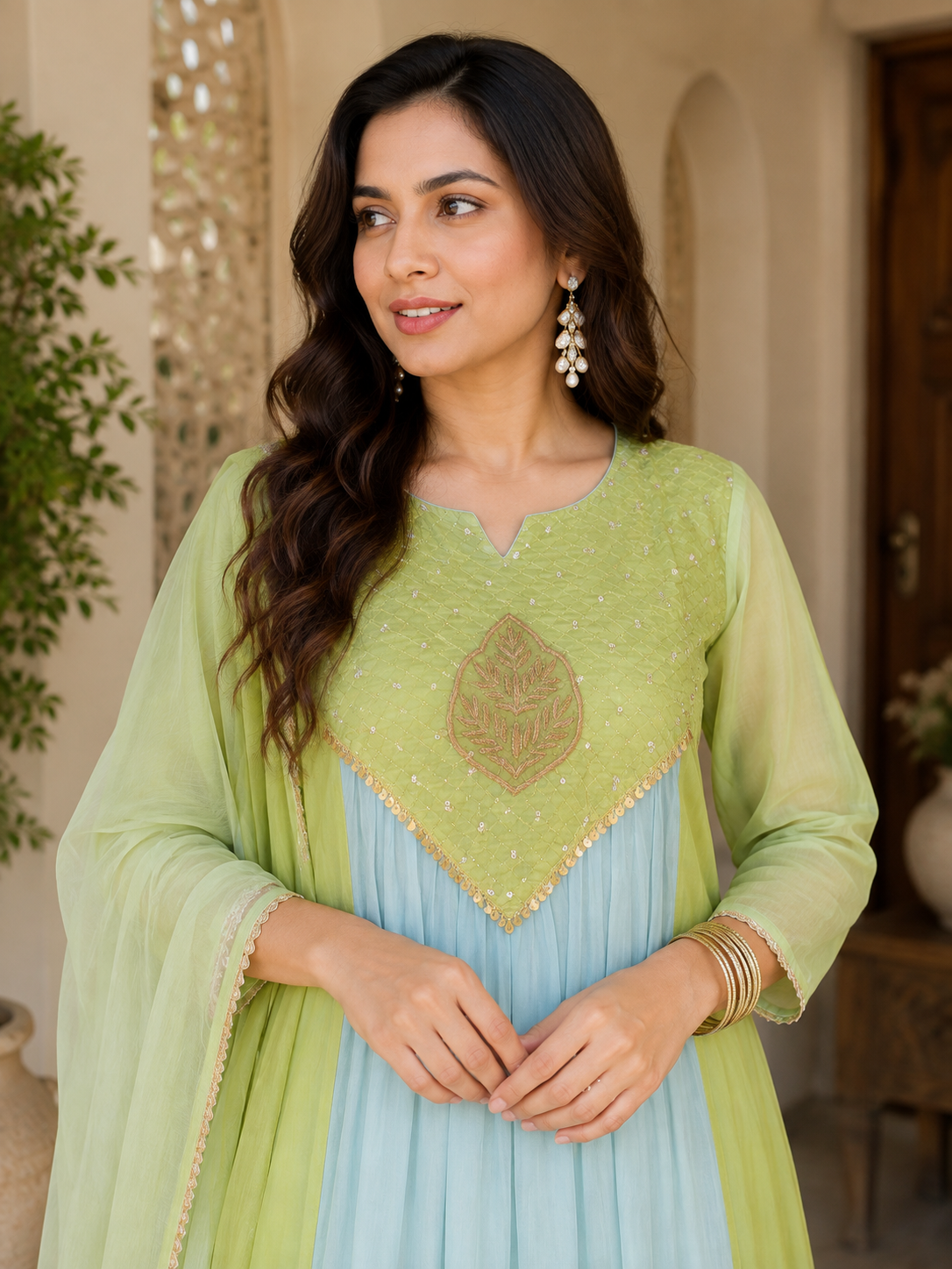 Sky Blue & Lime Green Embroidered Kurta Set with Dupatta for Women