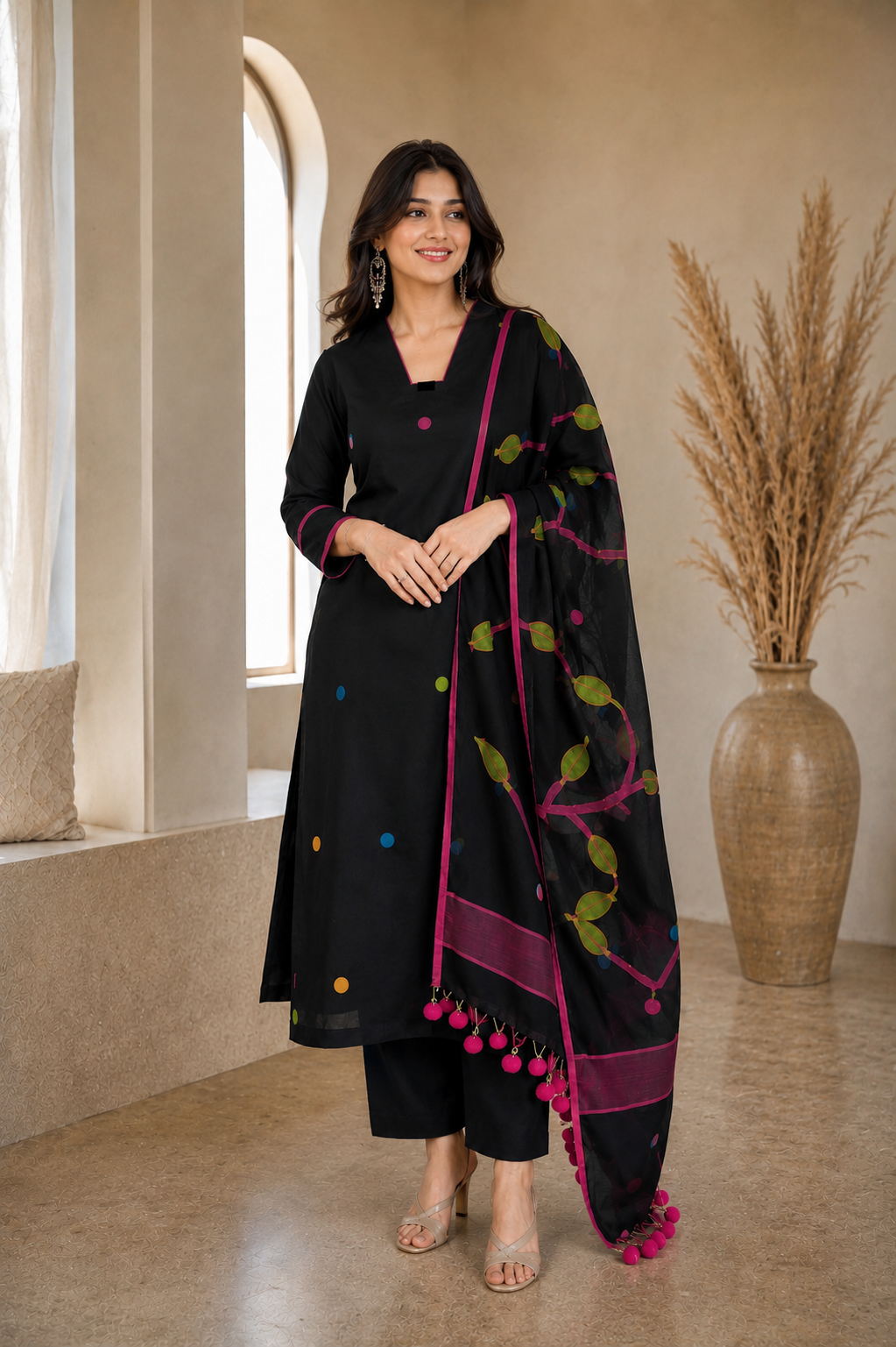 Black Printed Kurta Pant Set with Designer Dupatta
