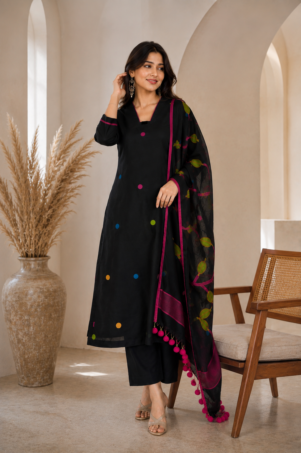 Black Printed Kurta Pant Set with Designer Dupatta