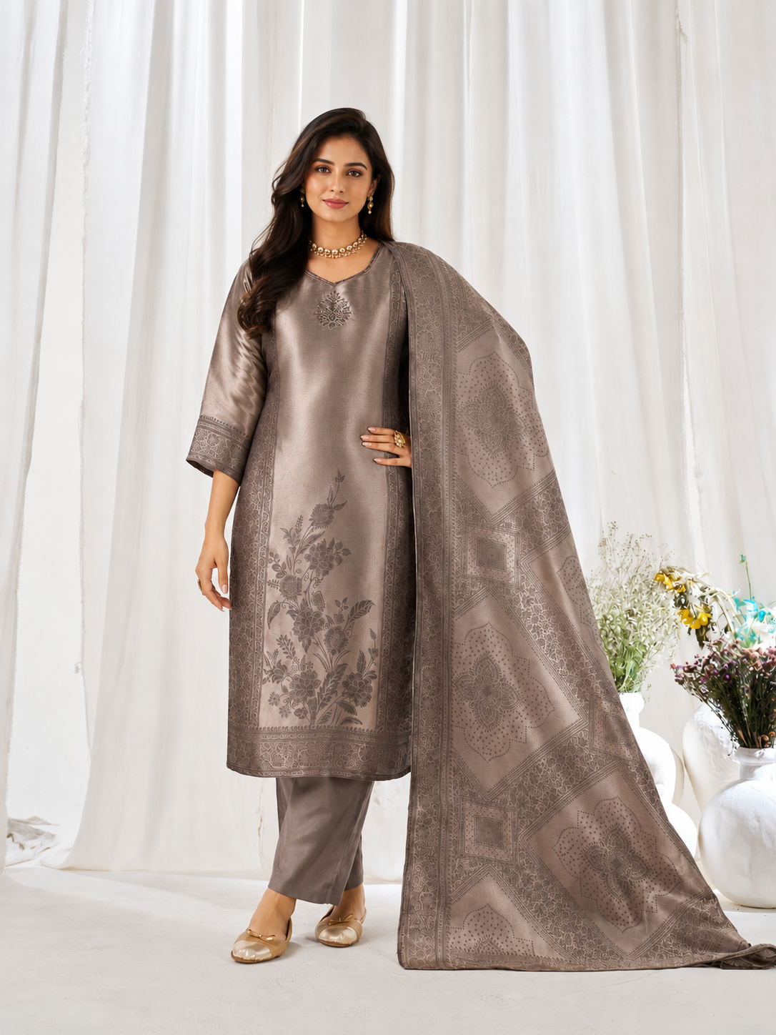 Women's Premium Taupe Woven Jacquard Straight Kurta Pant Set with Jacquard Dupatta