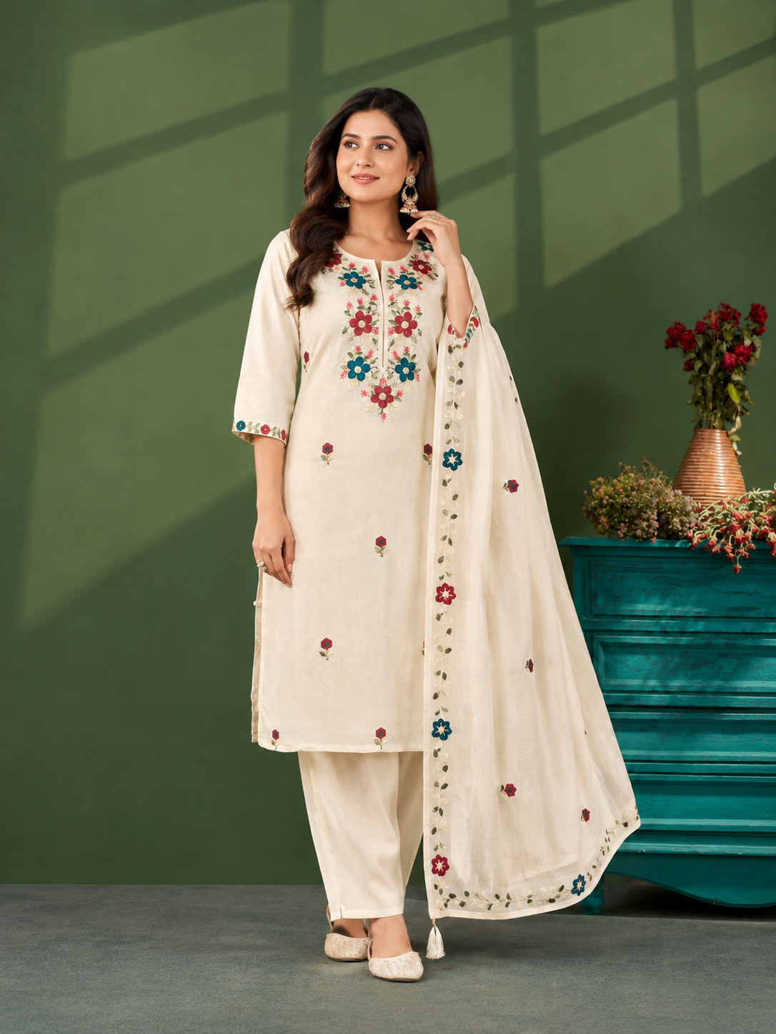 Women's Premium Off White Floral Embroidered Straight Kurta Pant set