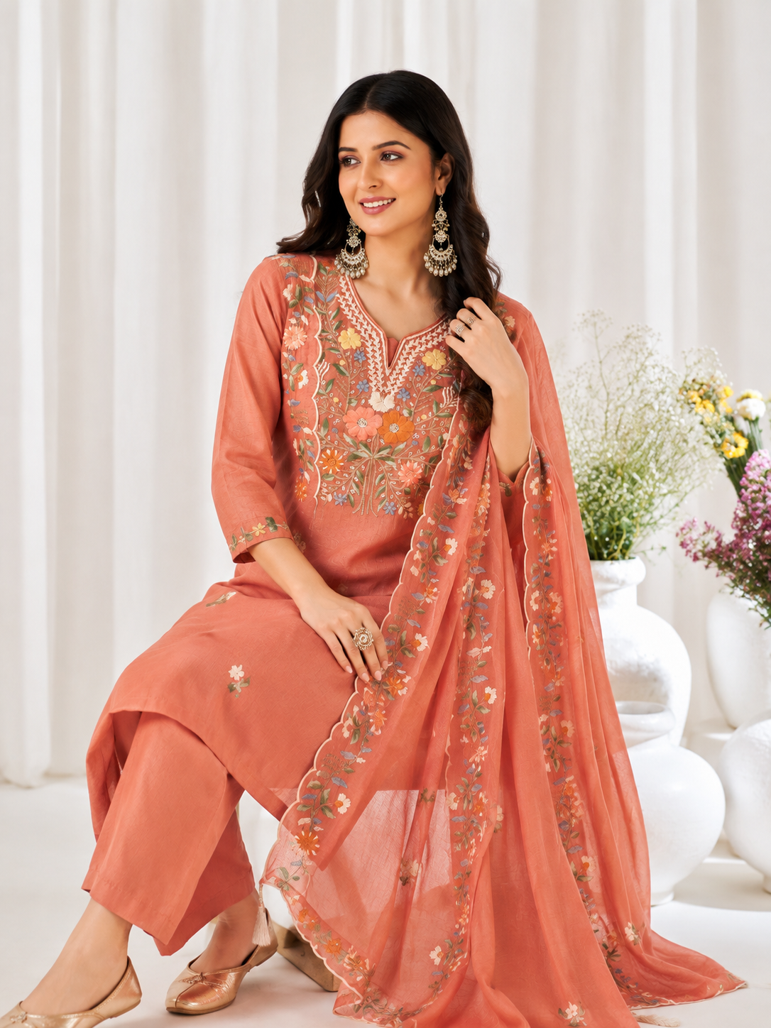 Women's Premium Peach Floral Embroidered Straight Kurta Pant Set