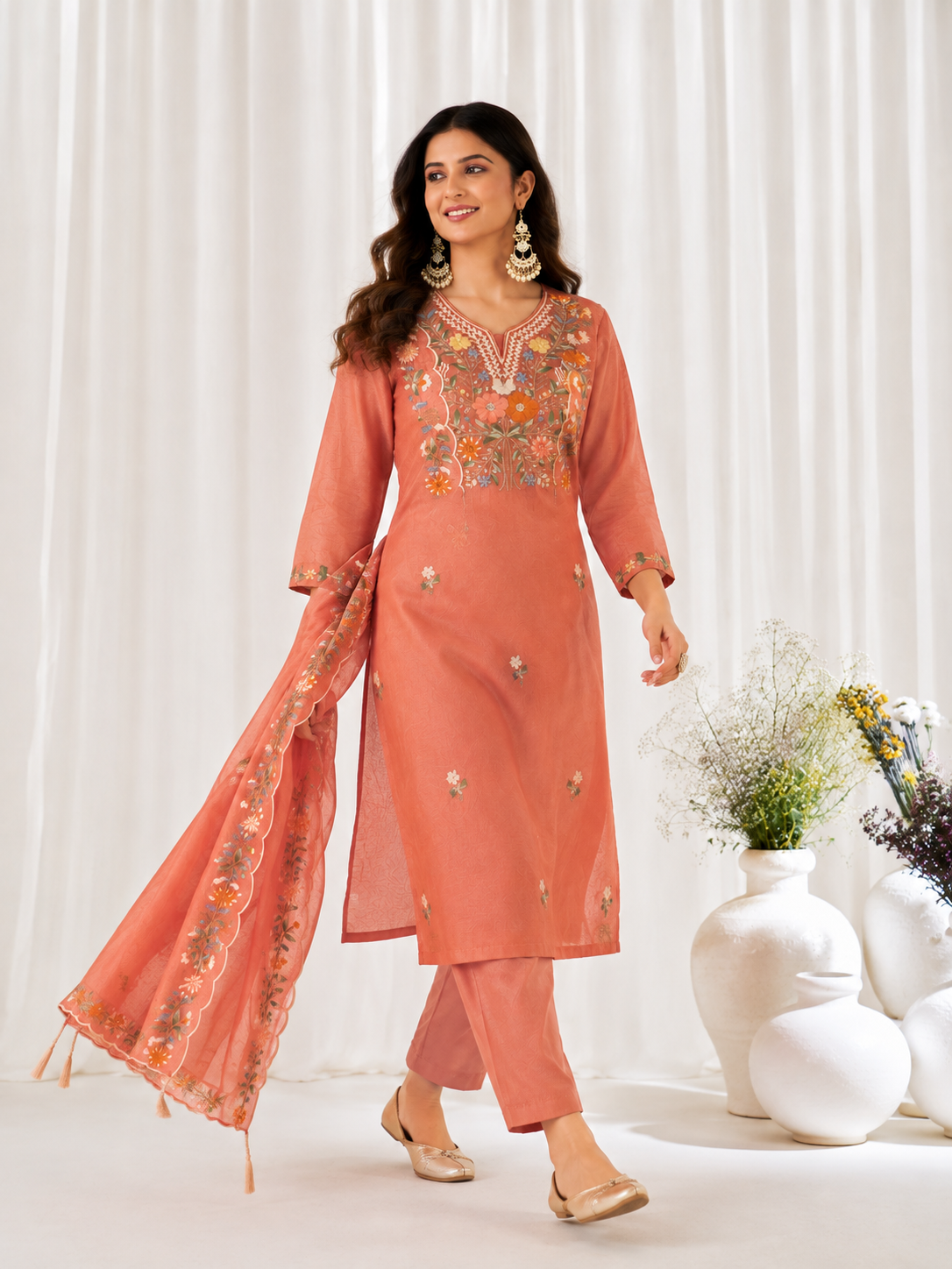 Women's Premium Peach Floral Embroidered Straight Kurta Pant Set