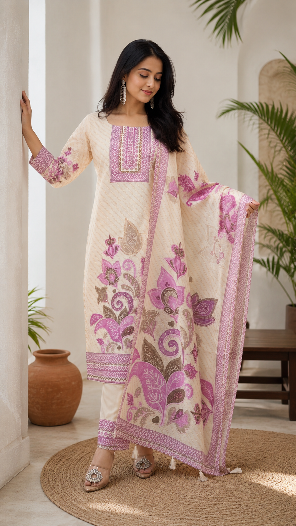 Women's Cream Floral Printed Straight Kurta Pant & Dupatta Set