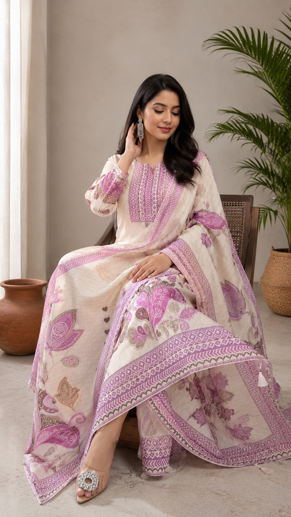 Women's Cream Floral Printed Straight Kurta Pant & Dupatta Set