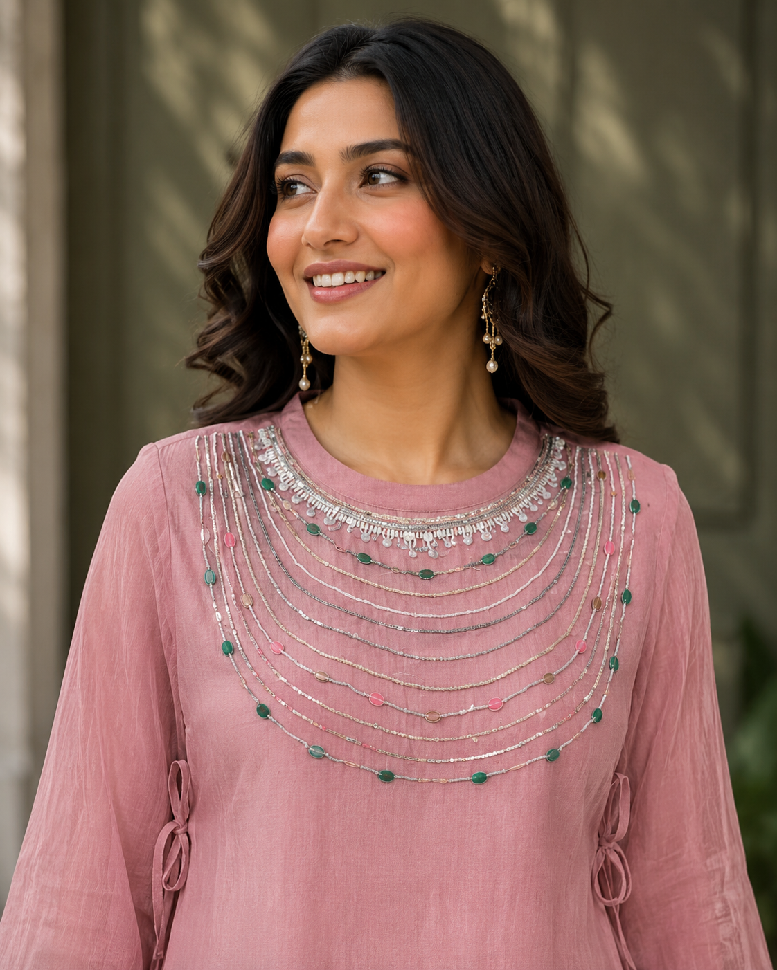 Women's Dusty Pink Hand Embellished Straight Kurta