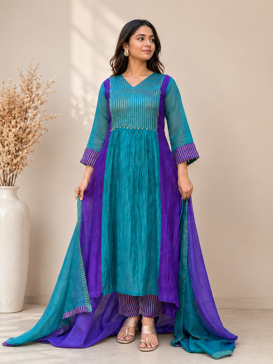 Women's Teal & Purple Mul Chanderi Anarkali Suit Set with Dupatta | Festive Ethnic Wear