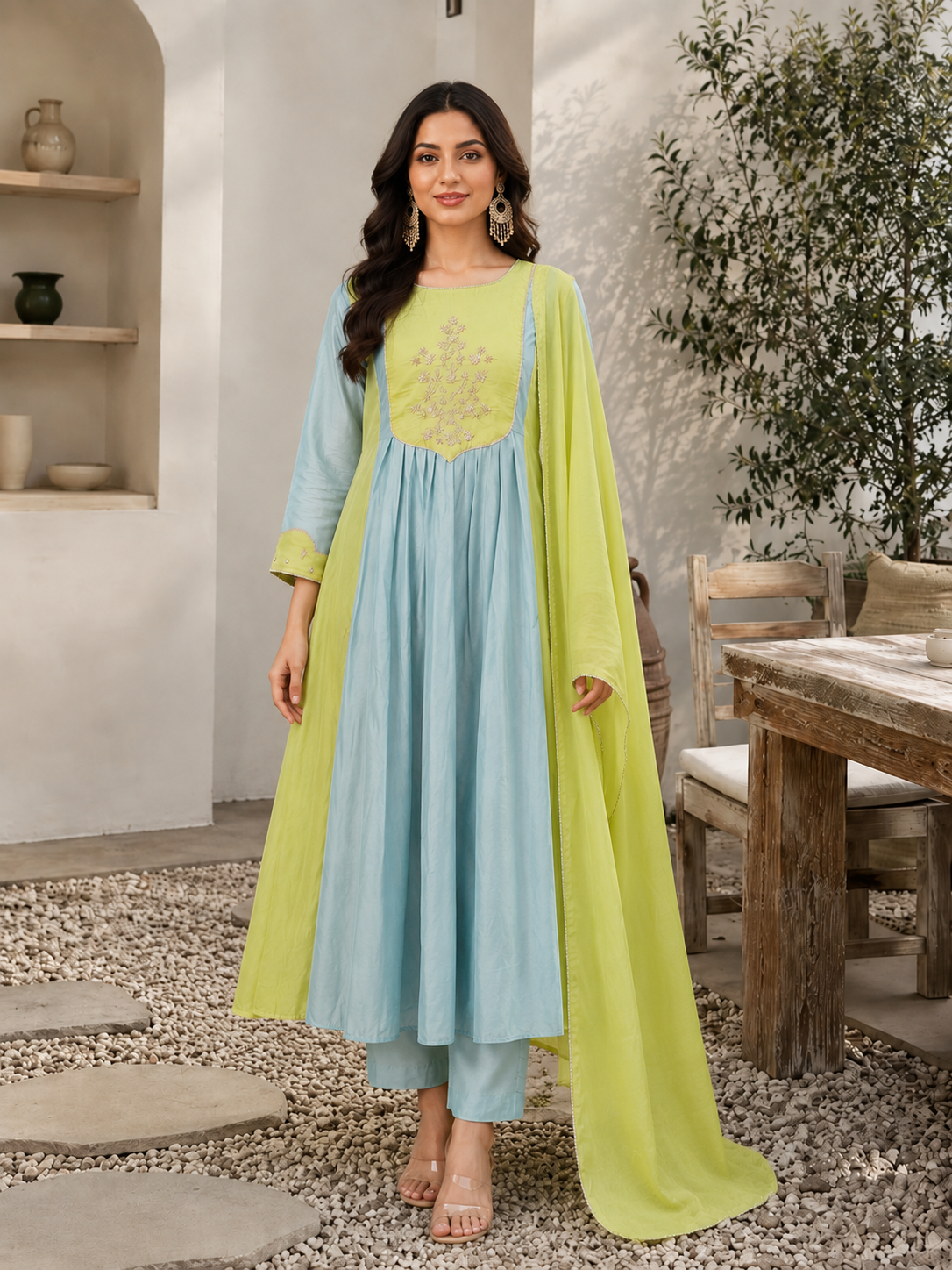 Lime Aqua Anarkali Set
