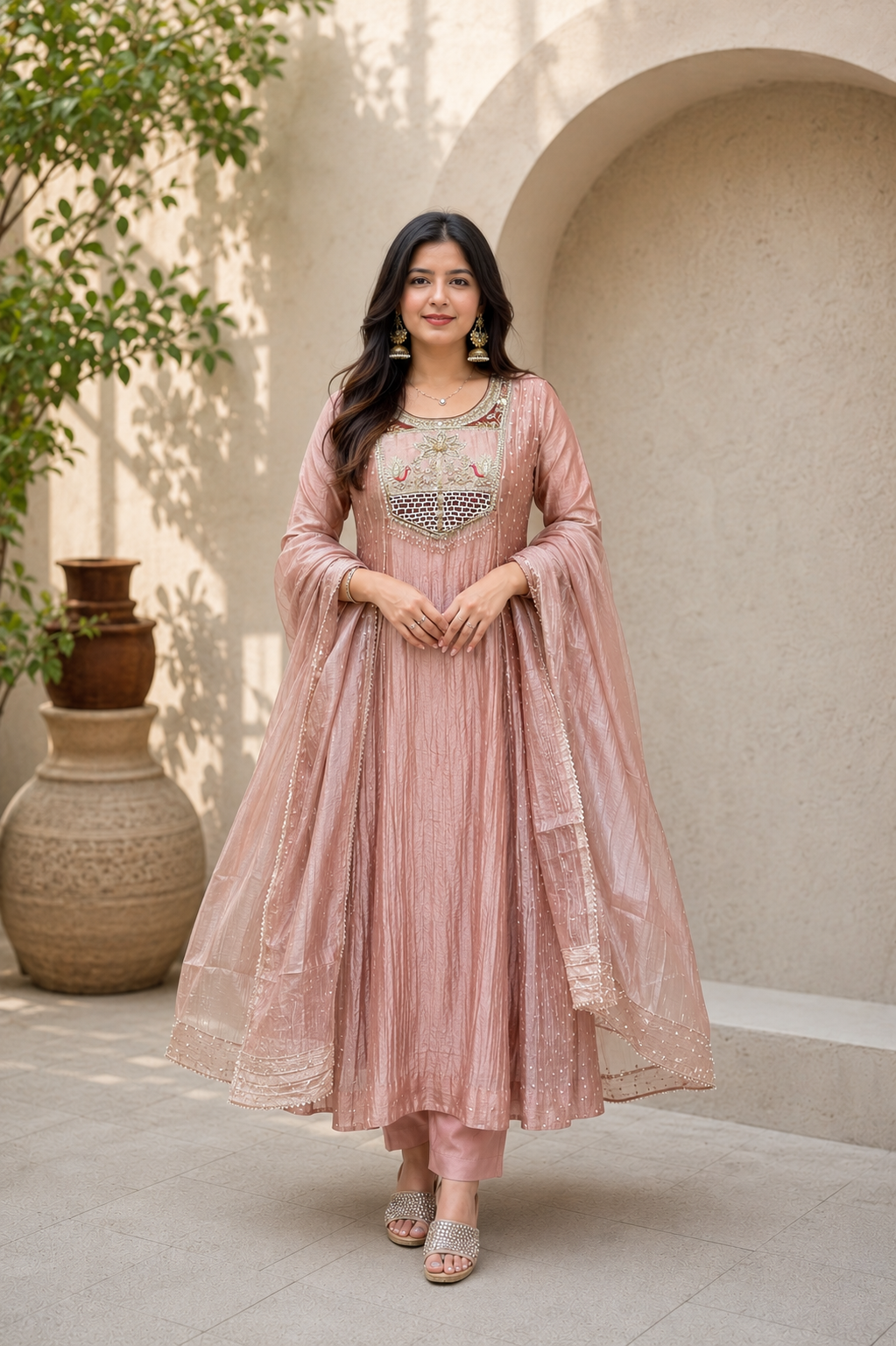 Premium Blush Pink Embroidered Anarkali Kurta Set with Dupatta