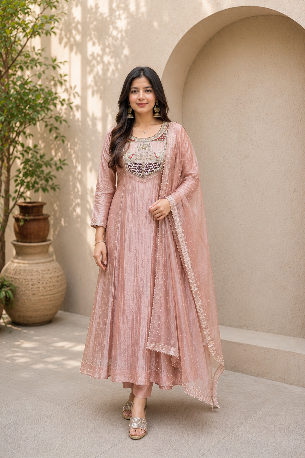 Premium Blush Pink Embroidered Anarkali Kurta Set with Dupatta