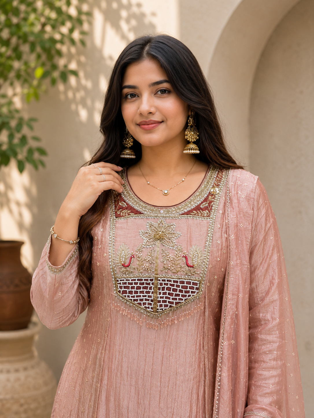 Premium Blush Pink Embroidered Anarkali Kurta Set with Dupatta