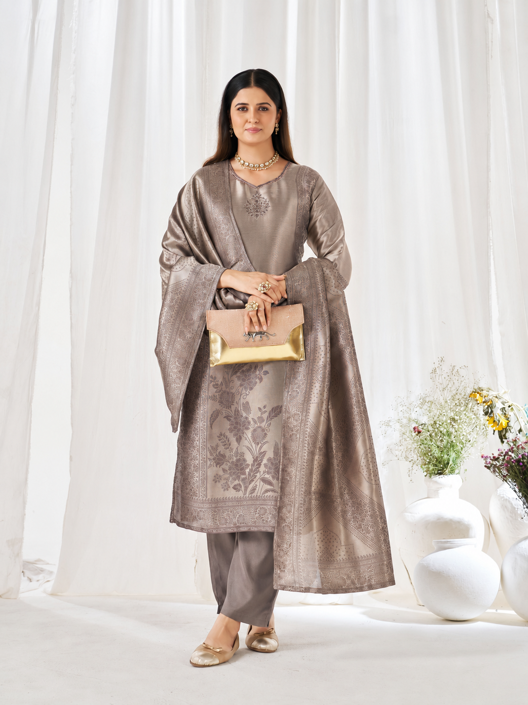 Women's Premium Taupe Woven Jacquard Straight Kurta Pant Set with Jacquard Dupatta