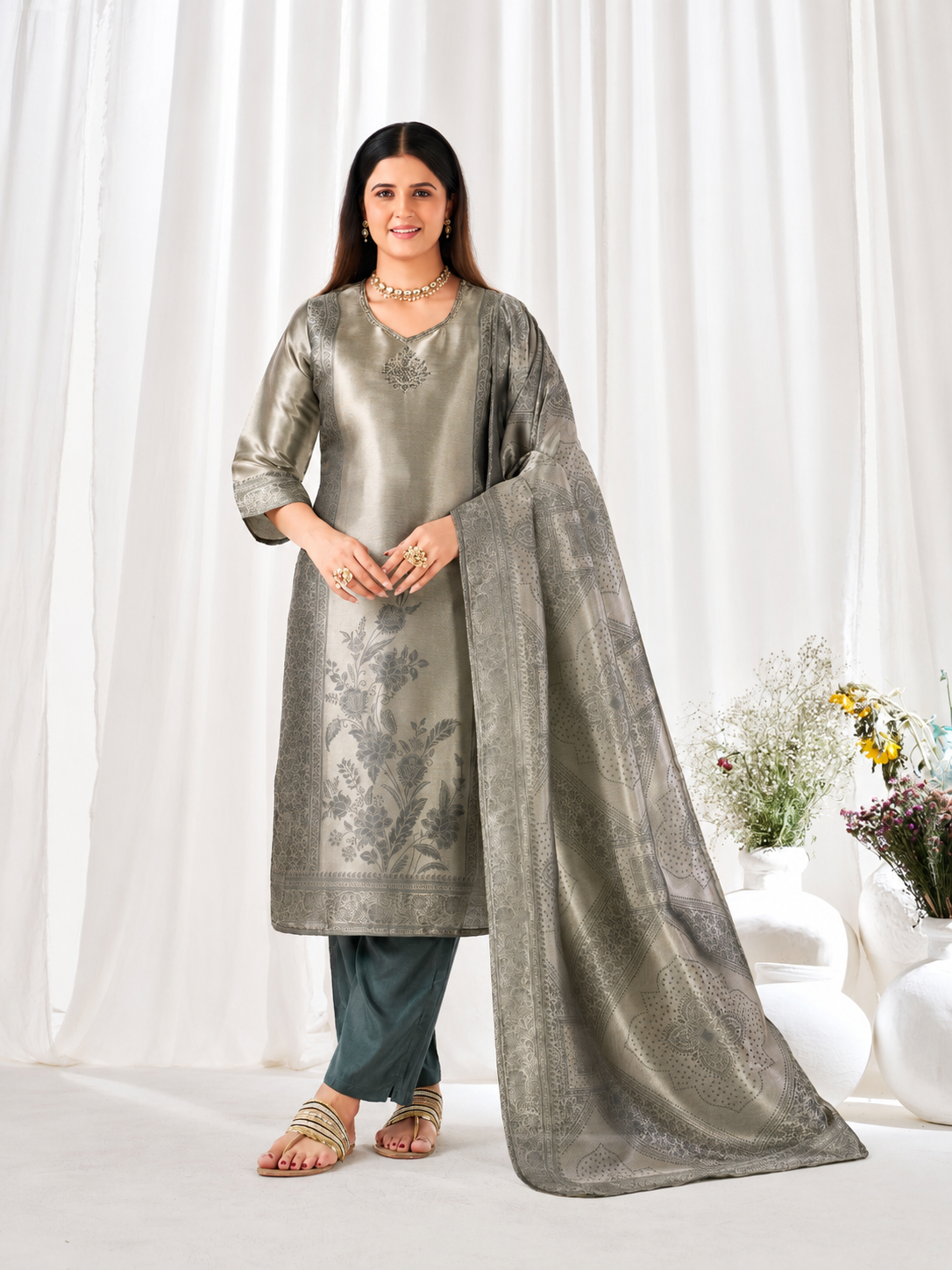 Women's Premium Sage Grey Woven Jacquard Straight Kurta Pant Set with Jacquard Dupatta