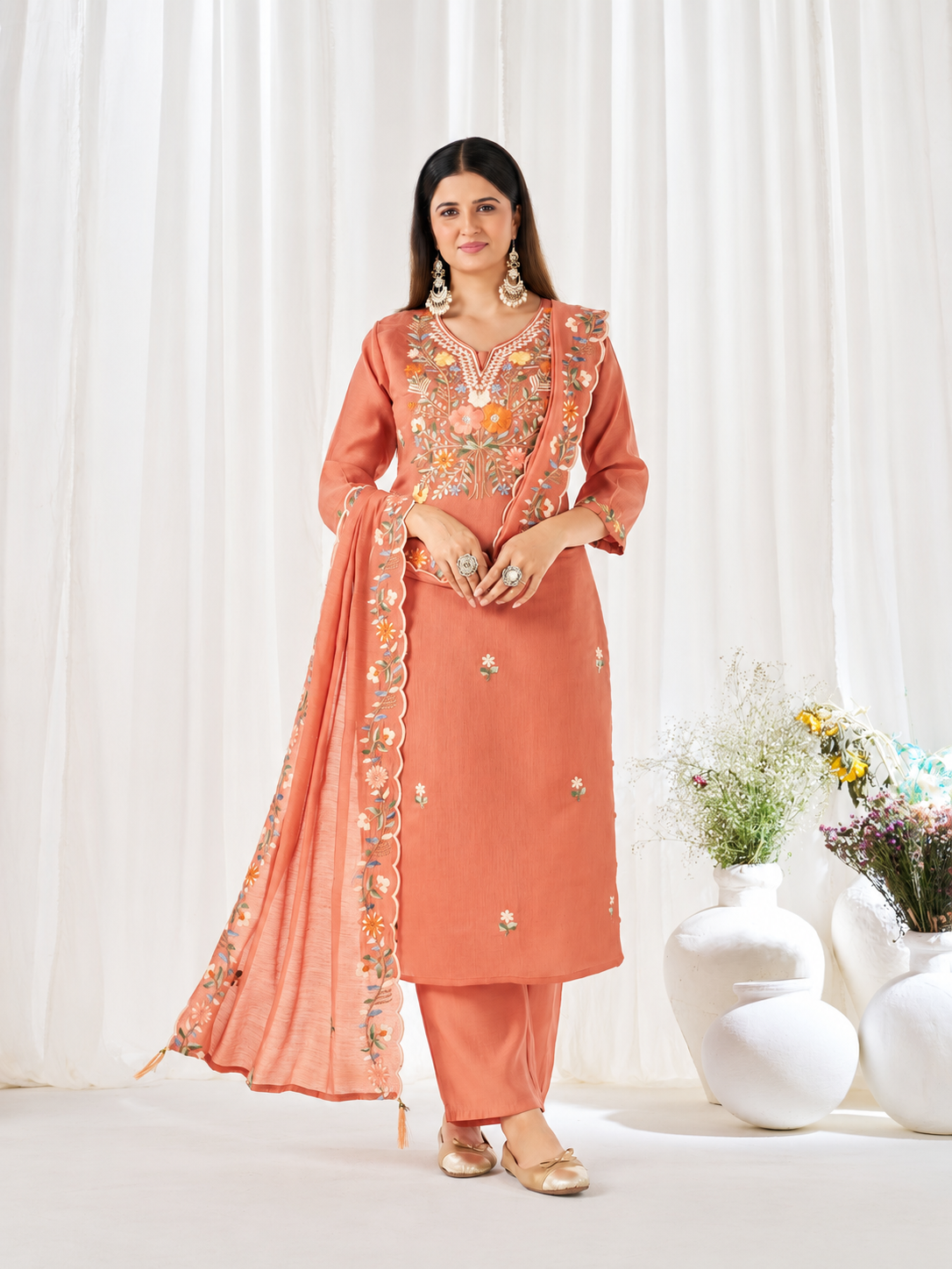Women's Premium Peach Floral Embroidered Straight Kurta Pant Set