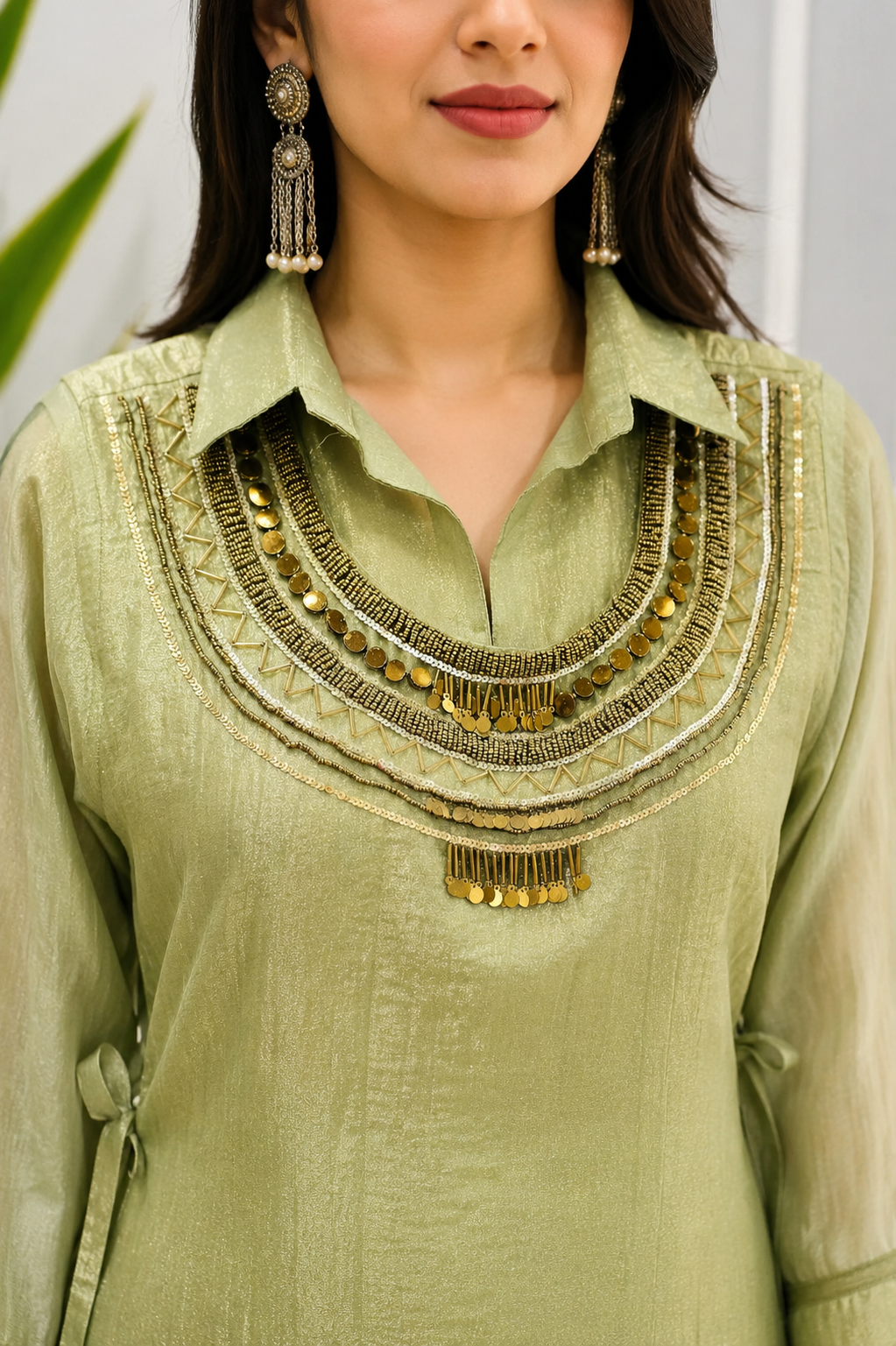 Pastel Pistachio Green Textured Kurta Palazzo Co-Ord Set with Statement Neck Embellishment