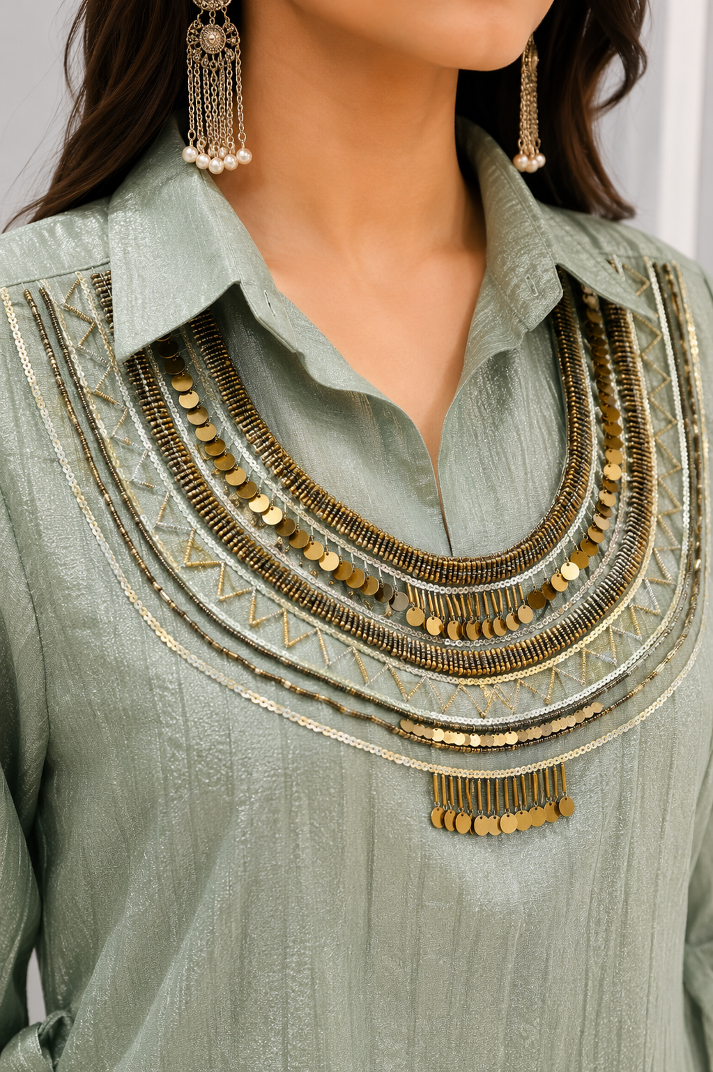 Women's Dusty Sage Green Textured Kurta Palazzo Co-Ord Set with Embellished Neck Design