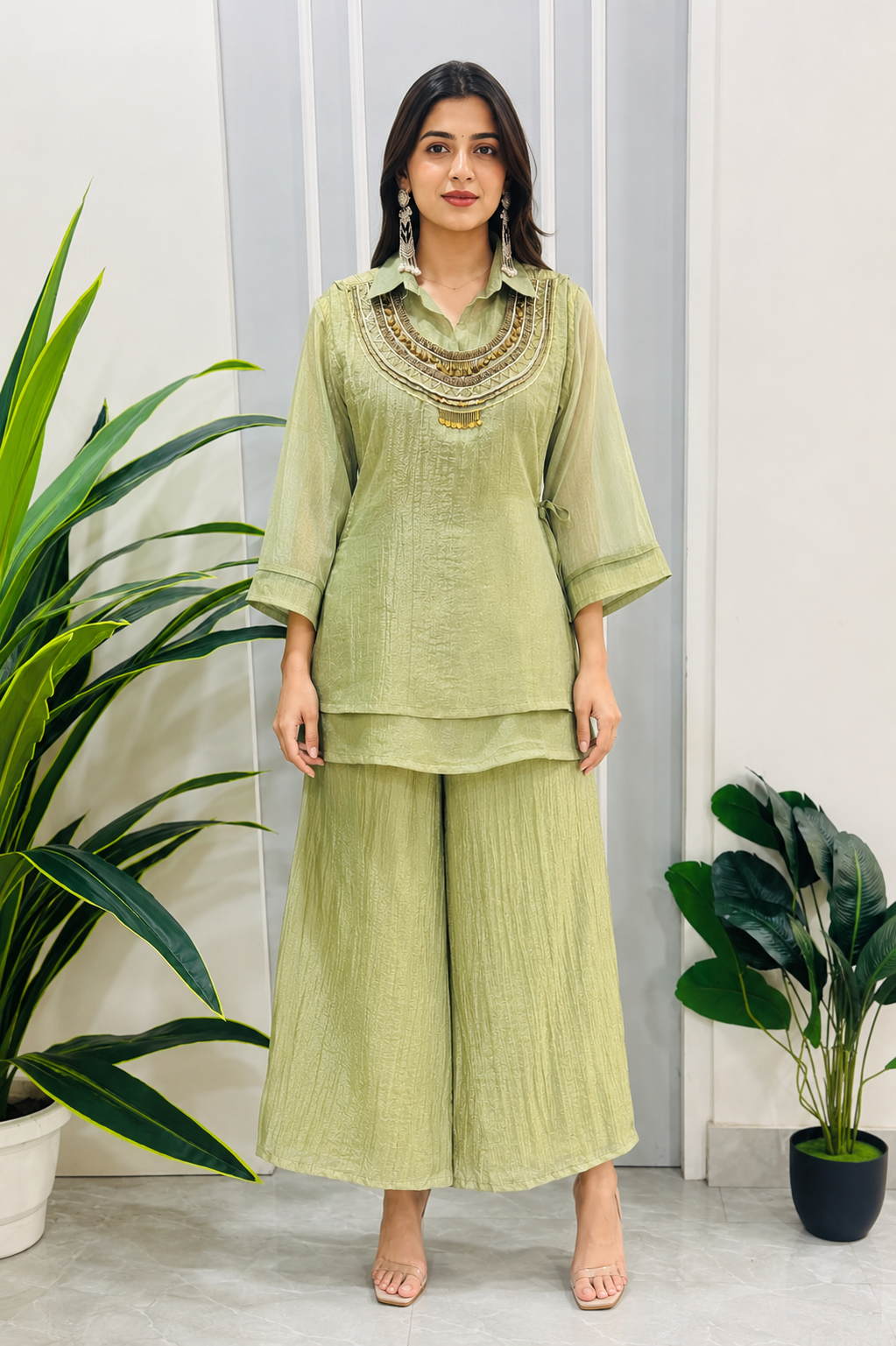 Pastel Pistachio Green Textured Kurta Palazzo Co-Ord Set with Statement Neck Embellishment