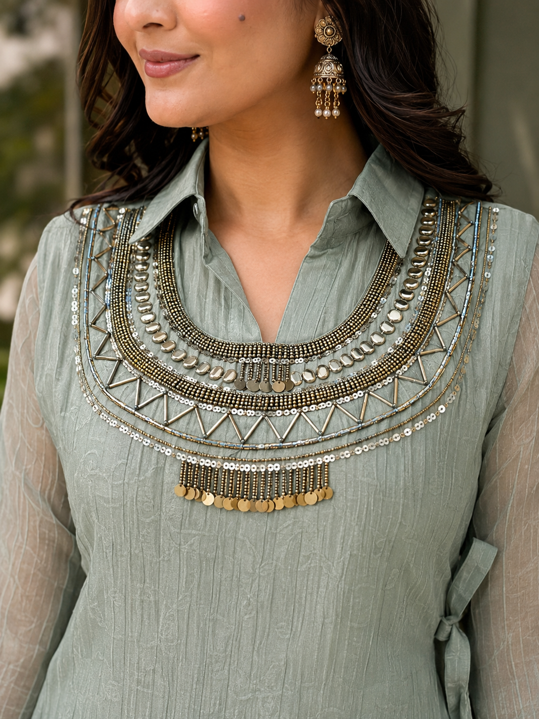 Women's Sage Green Embroidered Co-Ord Set with Wide-Leg Pants