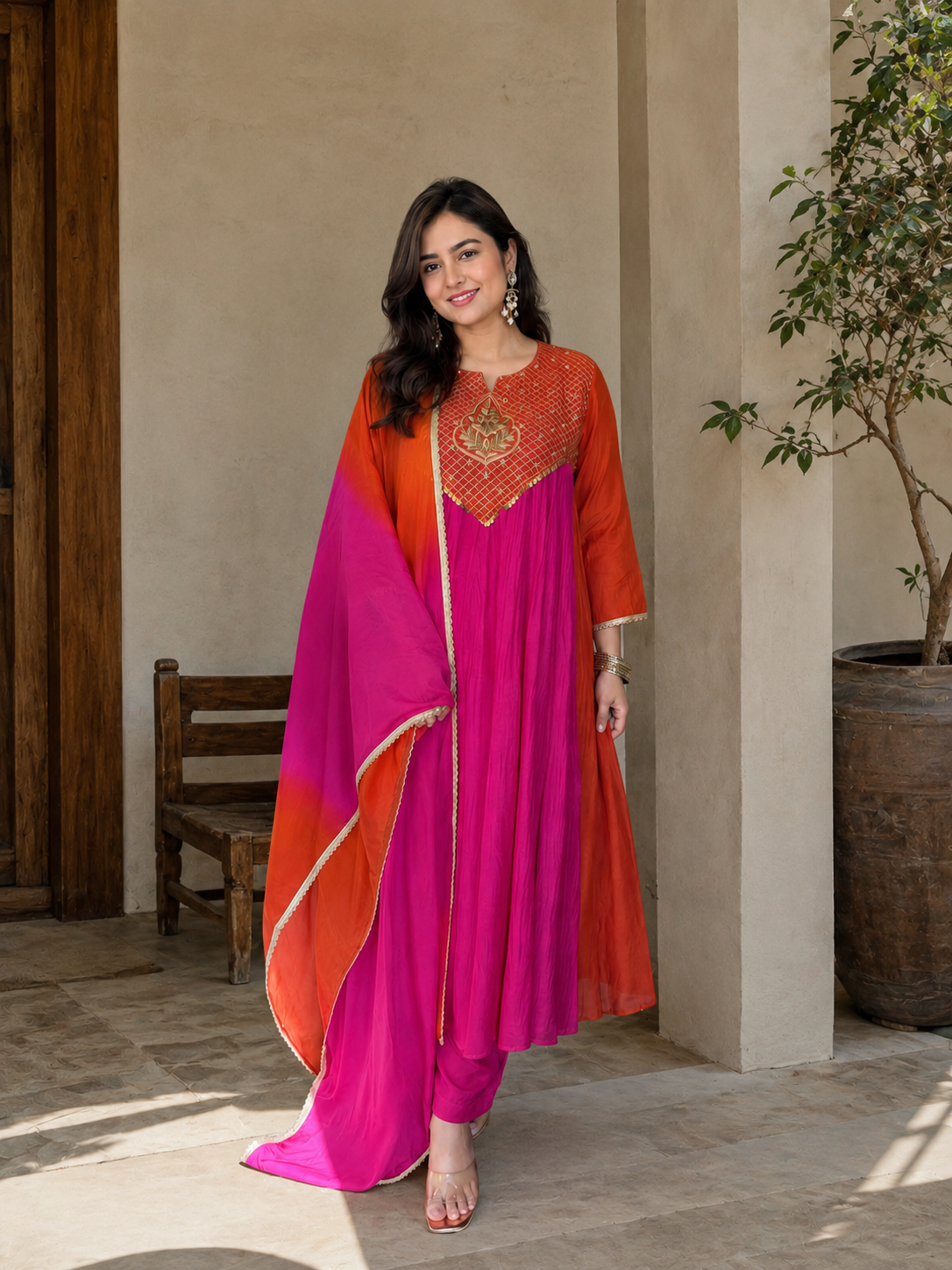 Orange & Pink Embroidered Anarkali Suit Set for Women