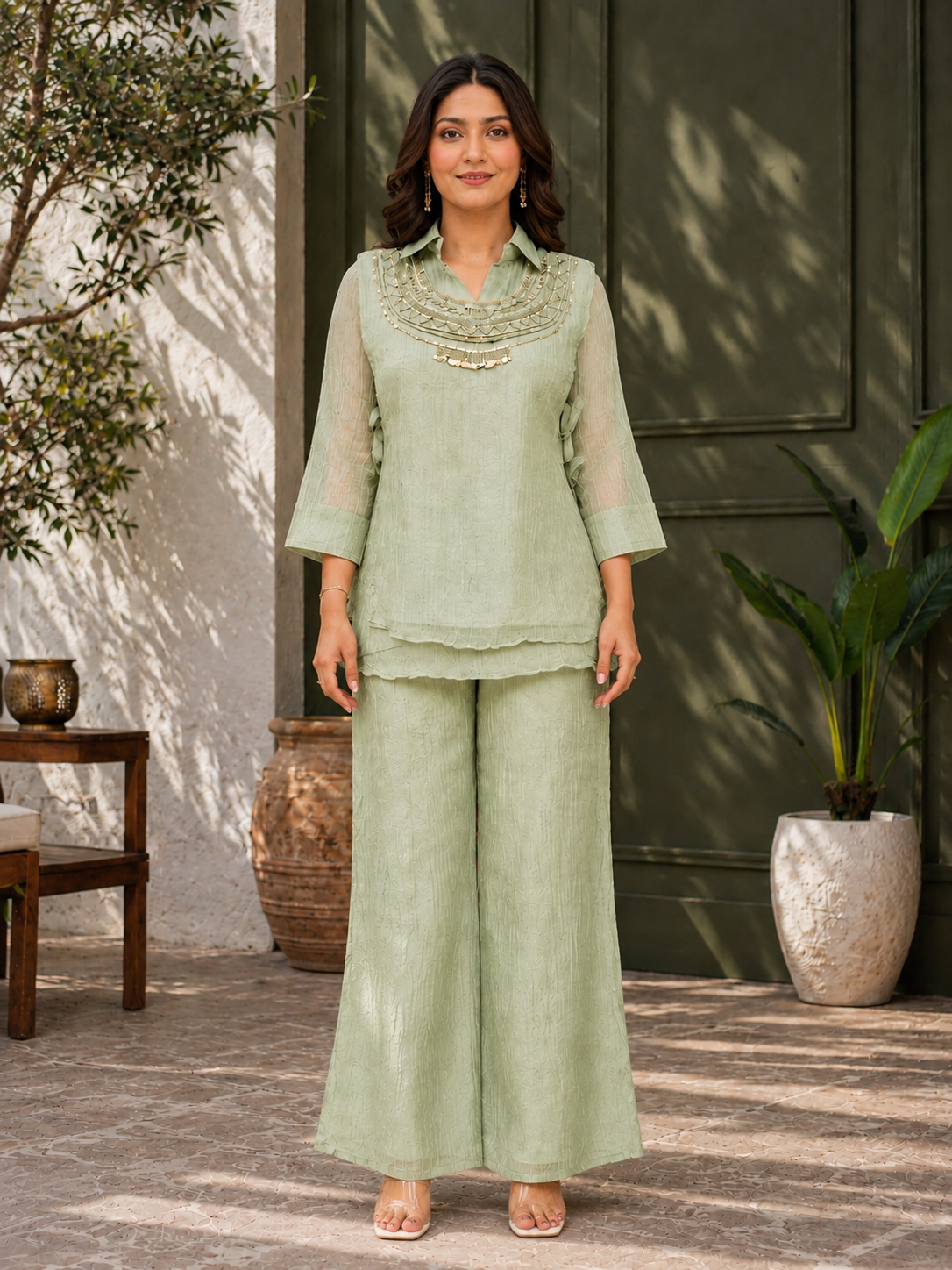 Women's Dusty Green Textured Kurta Palazzo Co-Ord Set with Embellished Neck Design