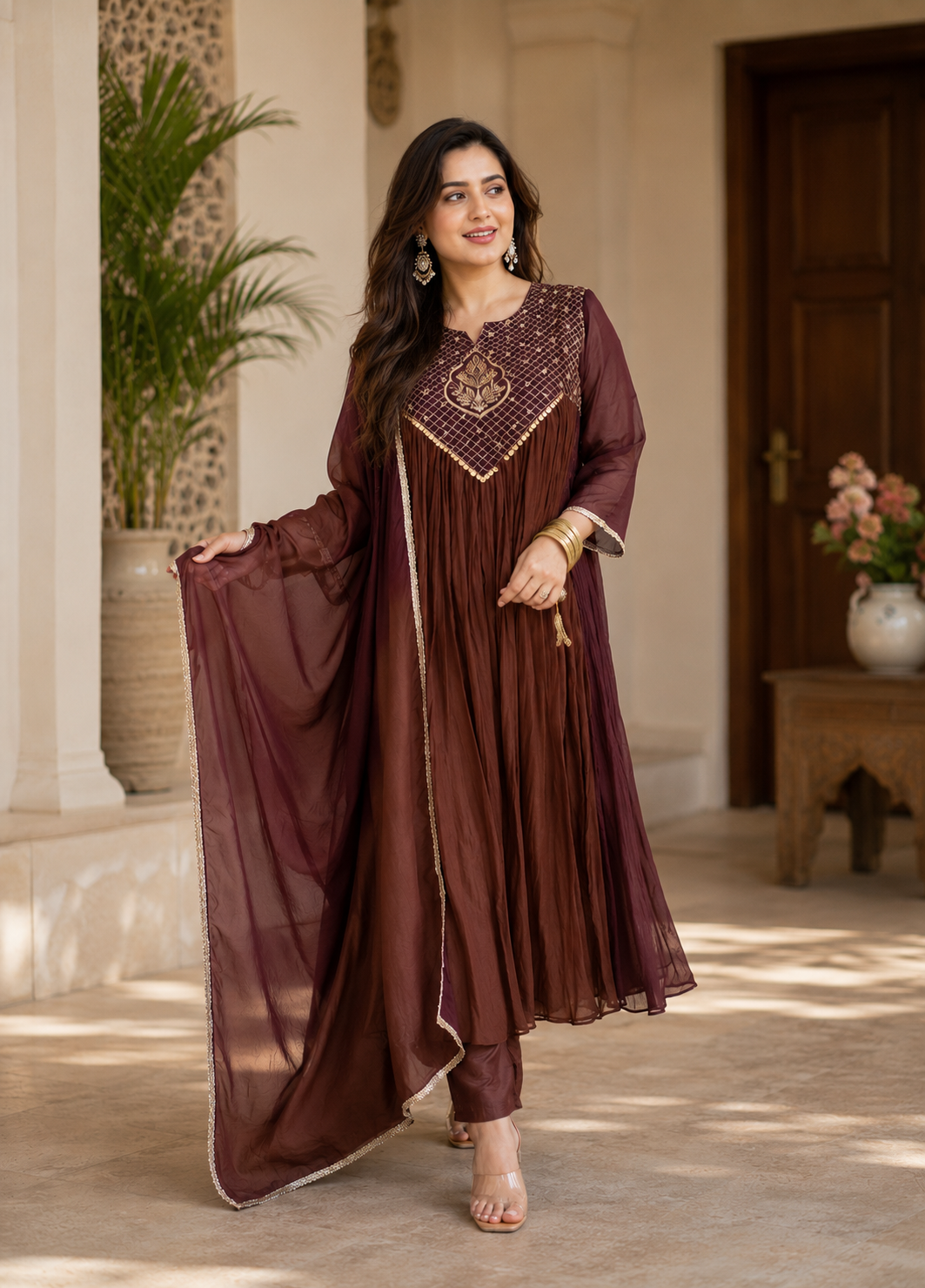 Women's Coffee Brown Embroidered Anarkali Kurta Set with Chiffon Dupatta