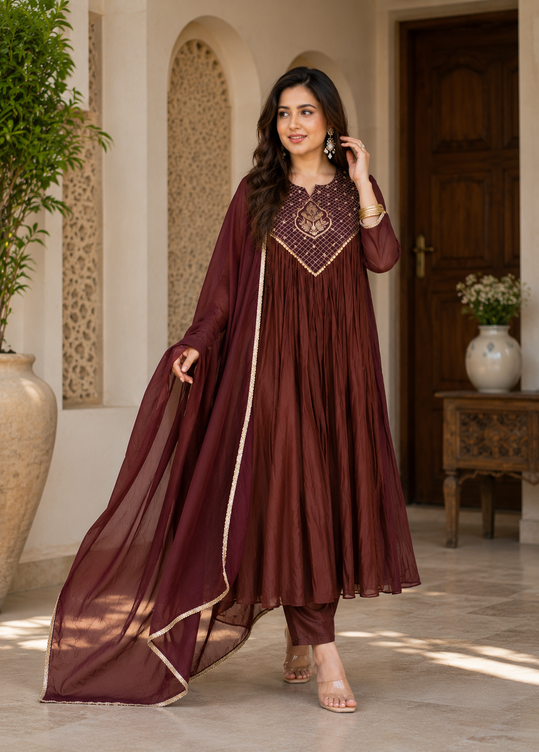 Women's Coffee Brown Embroidered Anarkali Kurta Set with Chiffon Dupatta