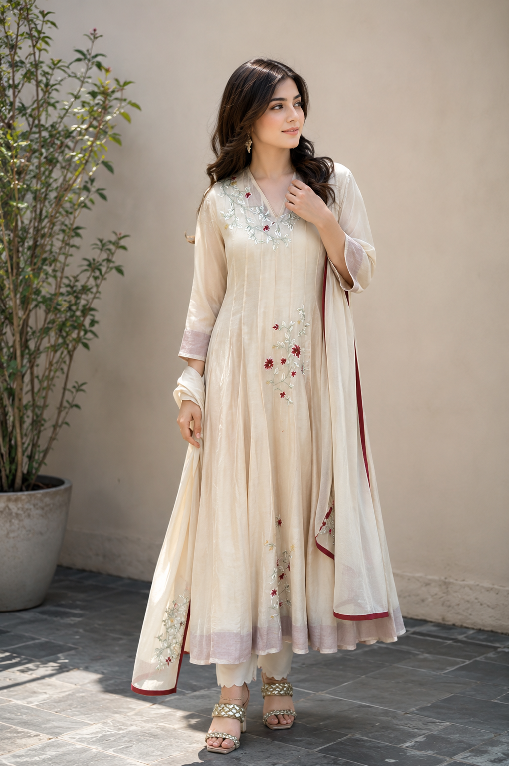 Ivory Floral Embroidered Anarkali Suit Set with Embroidered Dupatta