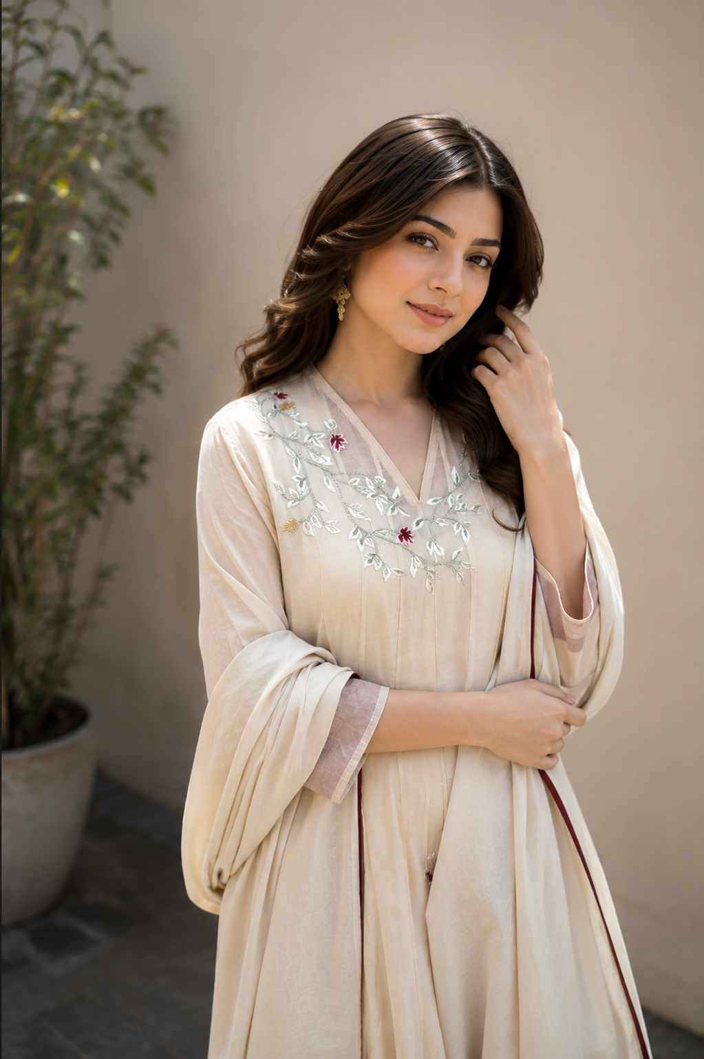 Ivory Floral Embroidered Anarkali Suit Set with Embroidered Dupatta