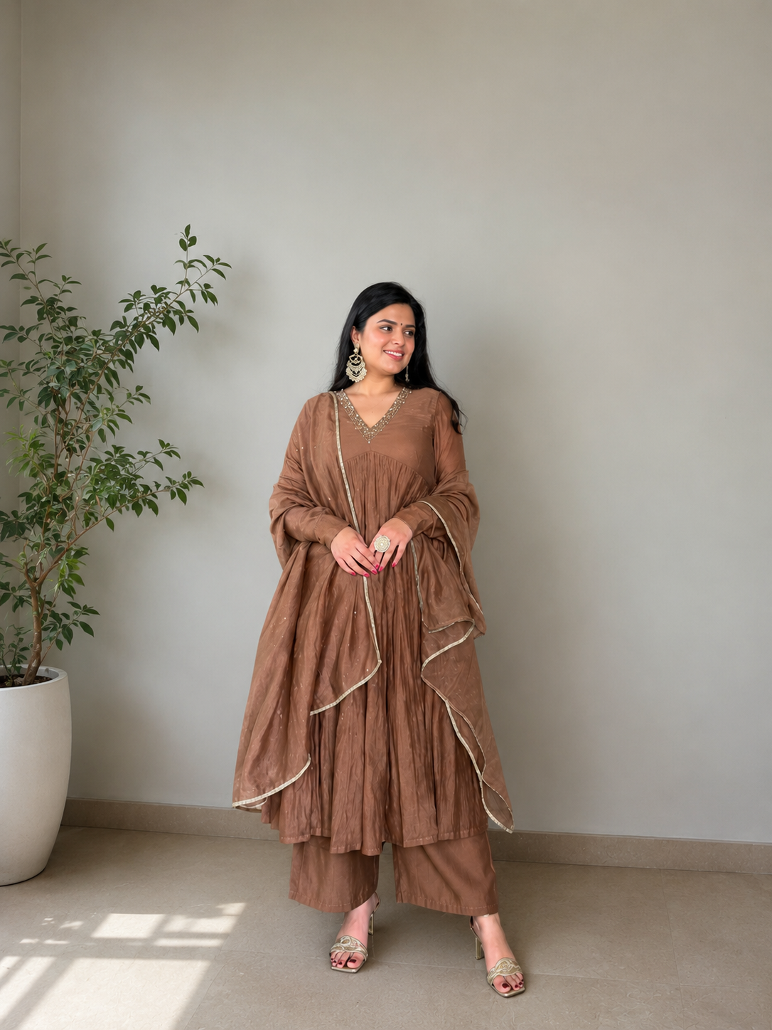 Golden/Muted-Brown Mul Chanderi anarkali with churi sleeves Set of 3