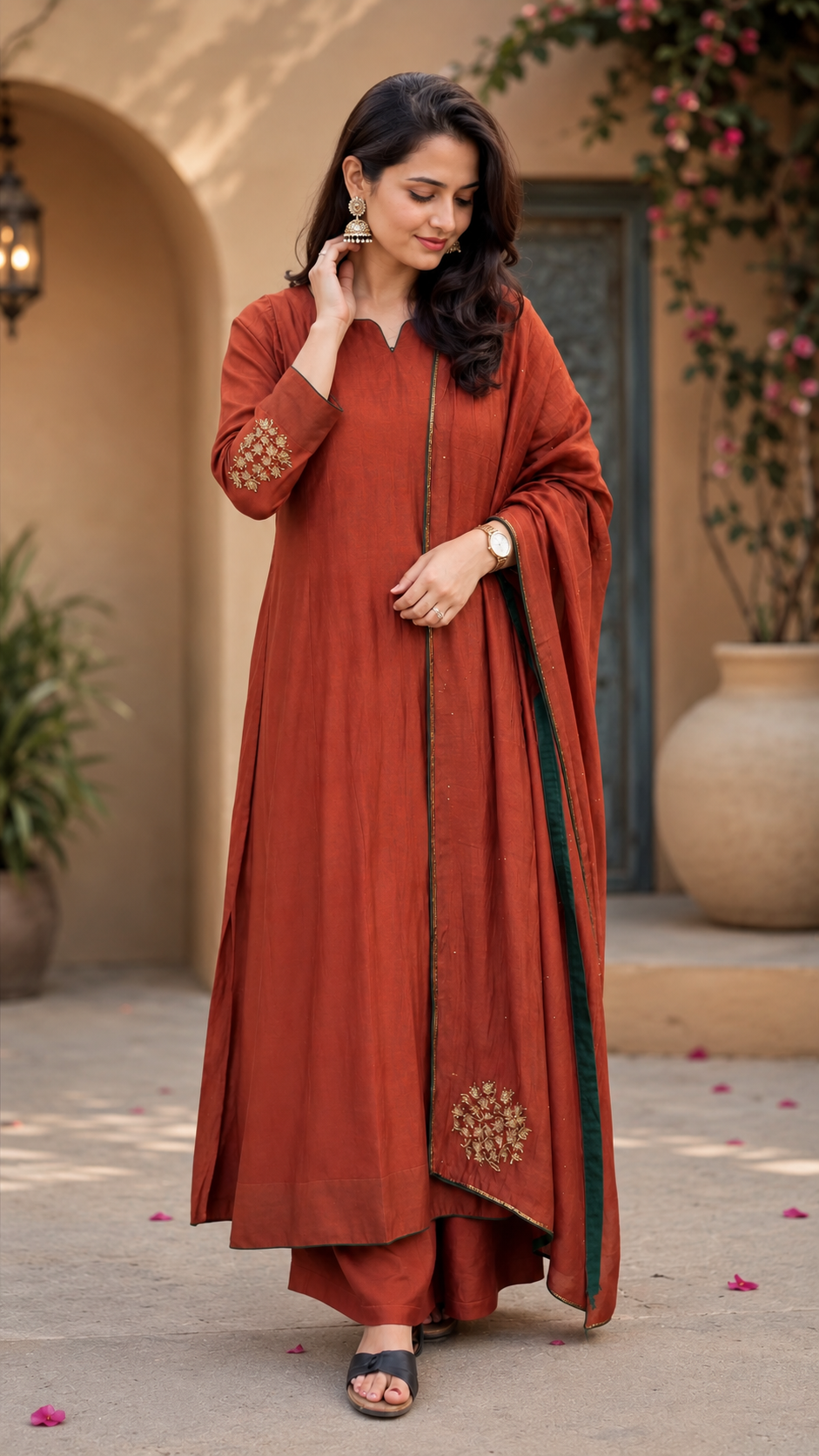 Women's Rust Orange Embroidered Kurta Palazzo Set with Dupatta