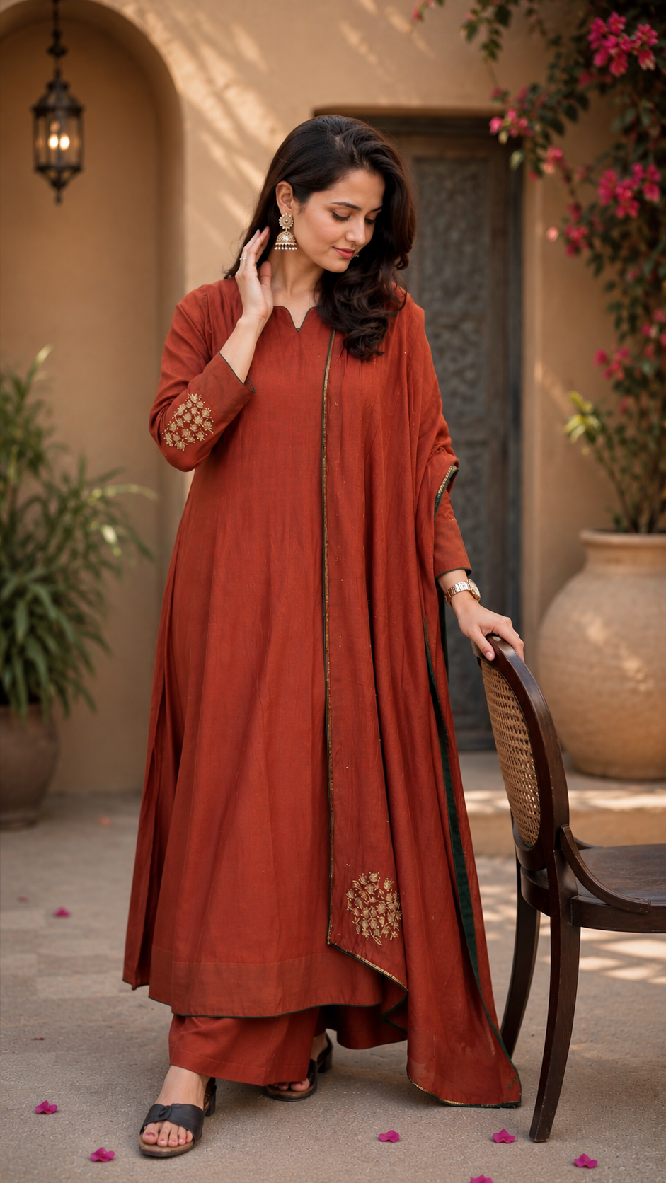 Women's Rust Orange Embroidered Kurta Palazzo Set with Dupatta