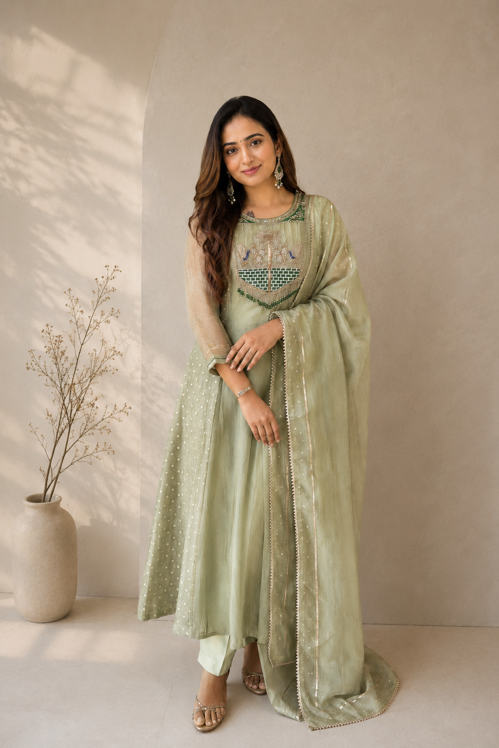 Pastel Sage Green Embroidered Anarkali Kurta Set with Organza Dupatta