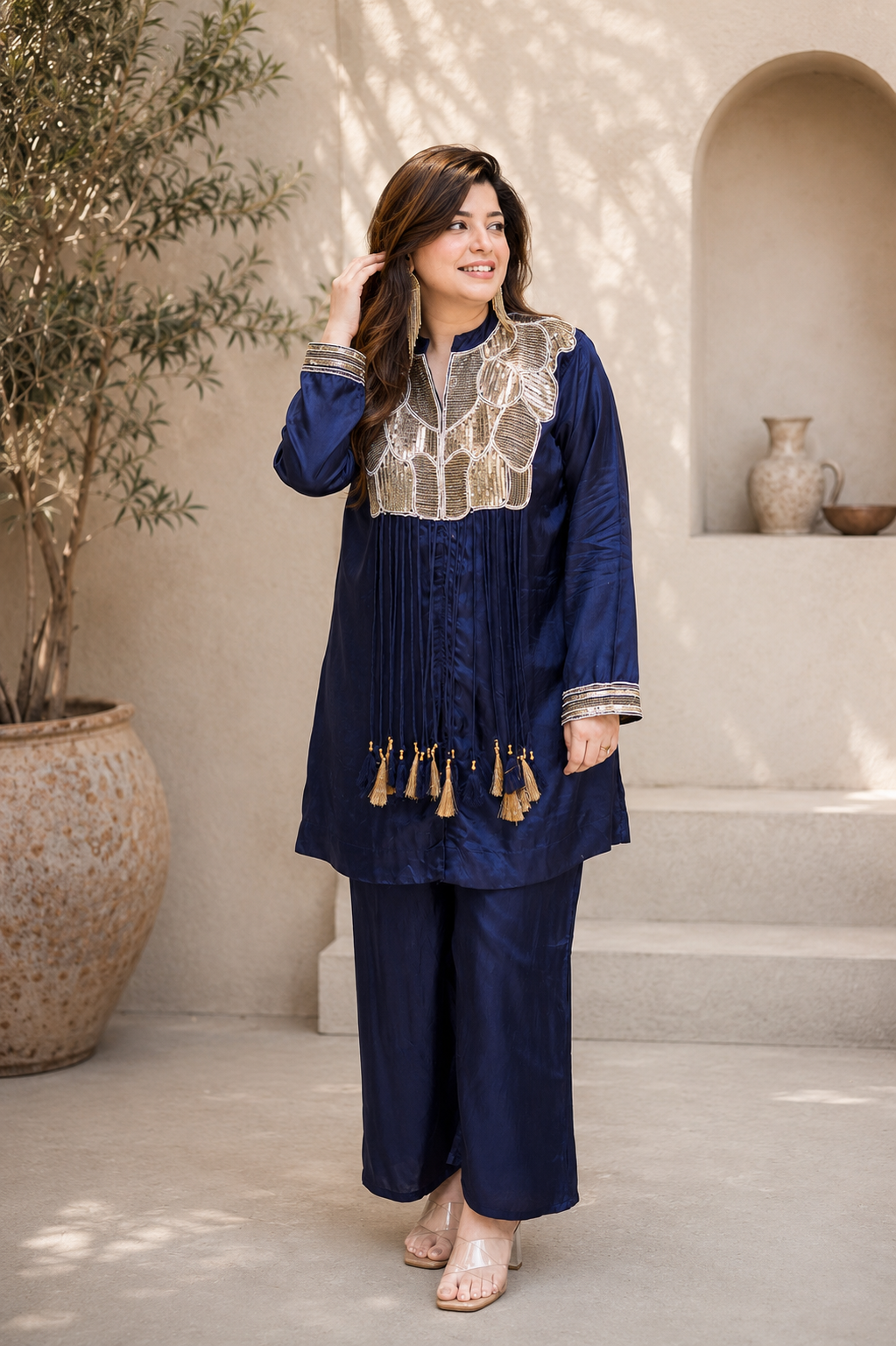 Navy Blue Embroidered Tassel Co-Ord Set for Women