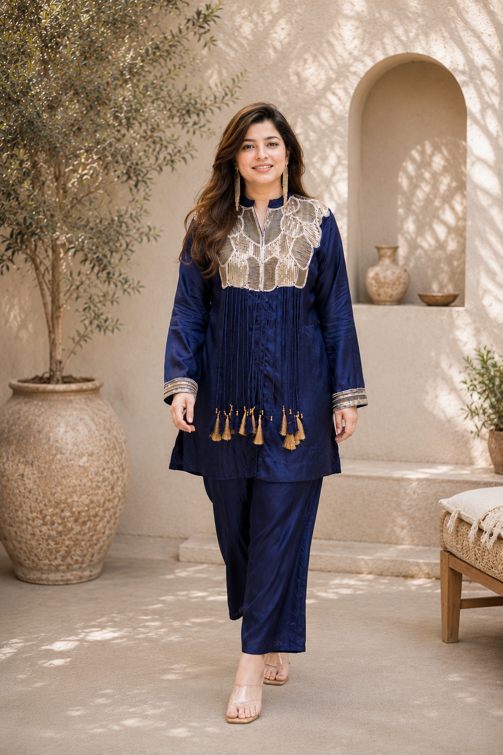 Navy Blue Embroidered Tassel Co-Ord Set for Women