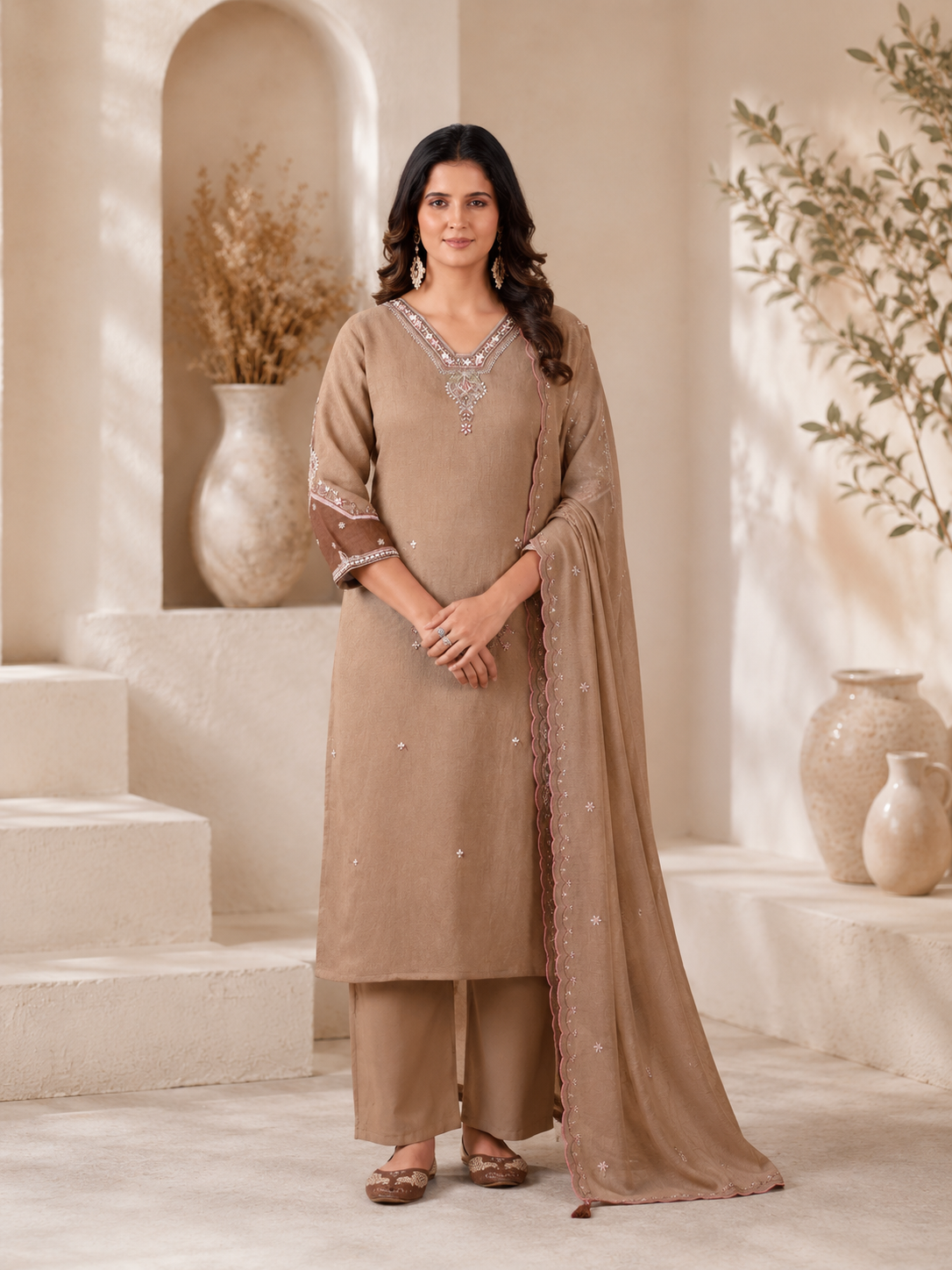 Elegant Taupe Embroidered Kurta Pant & Dupatta Set for Women