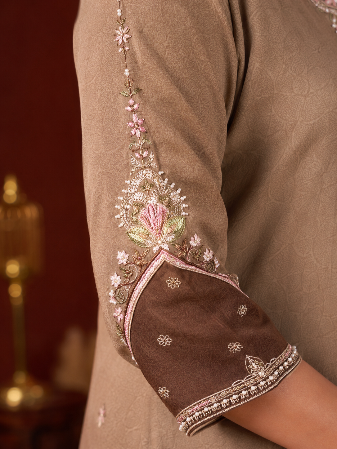 Elegant Taupe Embroidered Kurta Pant & Dupatta Set for Women