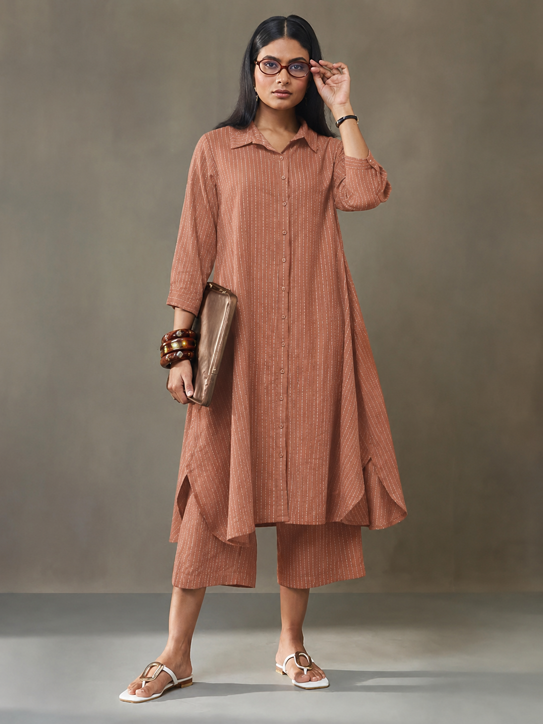Women’s Navy Brown Striped Kurta with Culottes Set