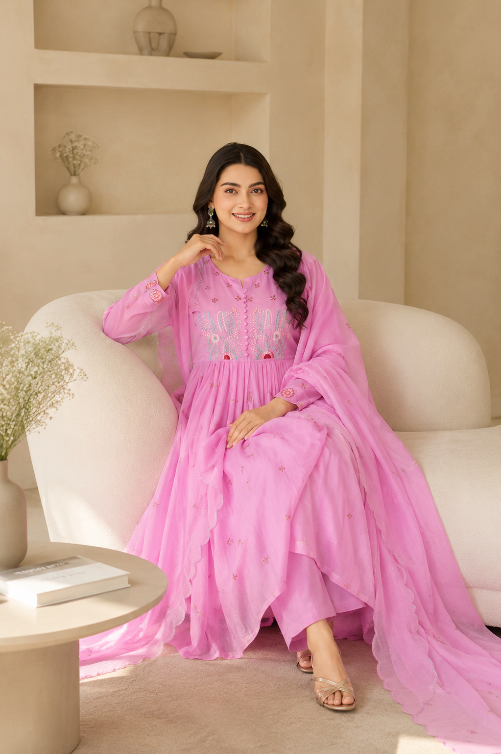 Elegant Pink Cotton Anarkali Suit Set with Floral Embroidery Dupatta