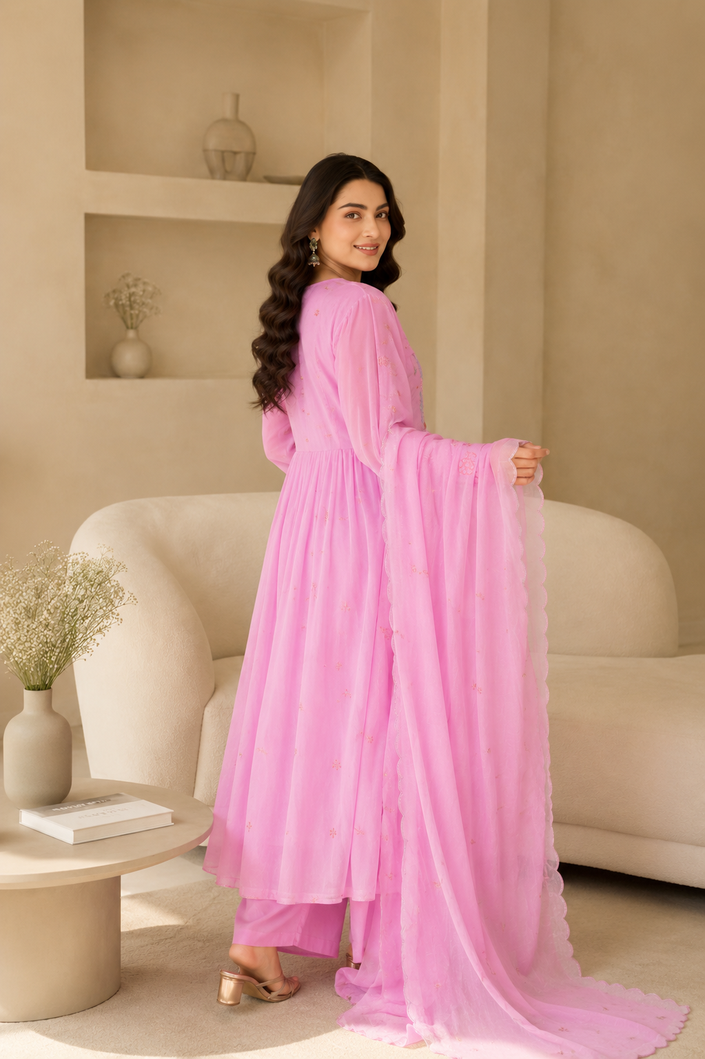 Elegant Pink Cotton Anarkali Suit Set with Floral Embroidery Dupatta