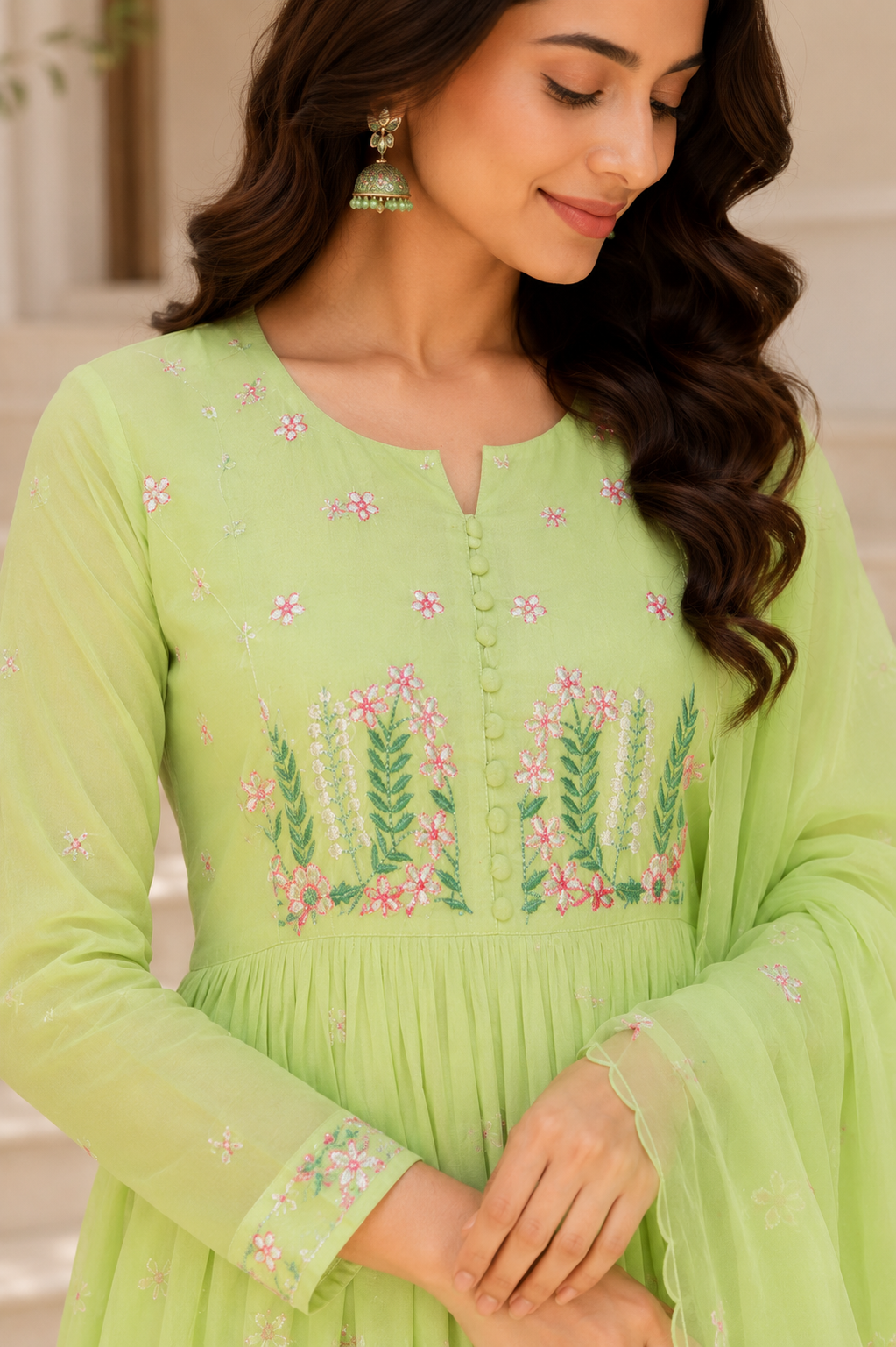Pastel Green Cotton Anarkali Suit Set with Floral Embroidery Dupatta