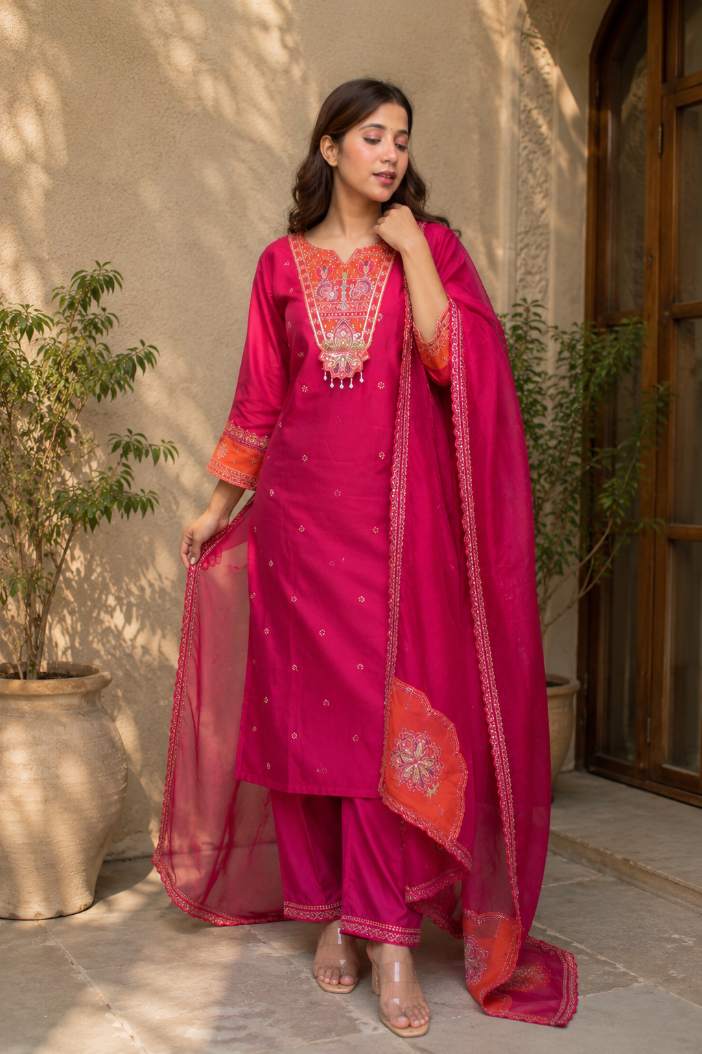 Women's Magenta Embroidered Kurta Pant Dupatta Set