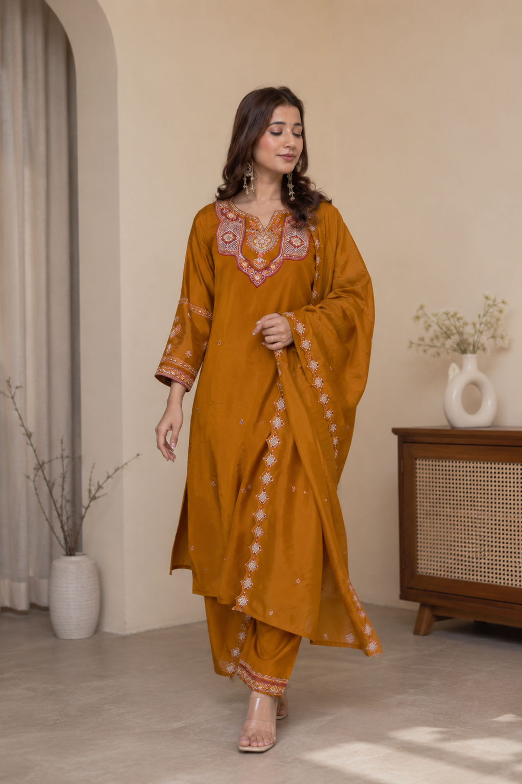 Women's Mustard Embroidered Kurta Pant Dupatta Set