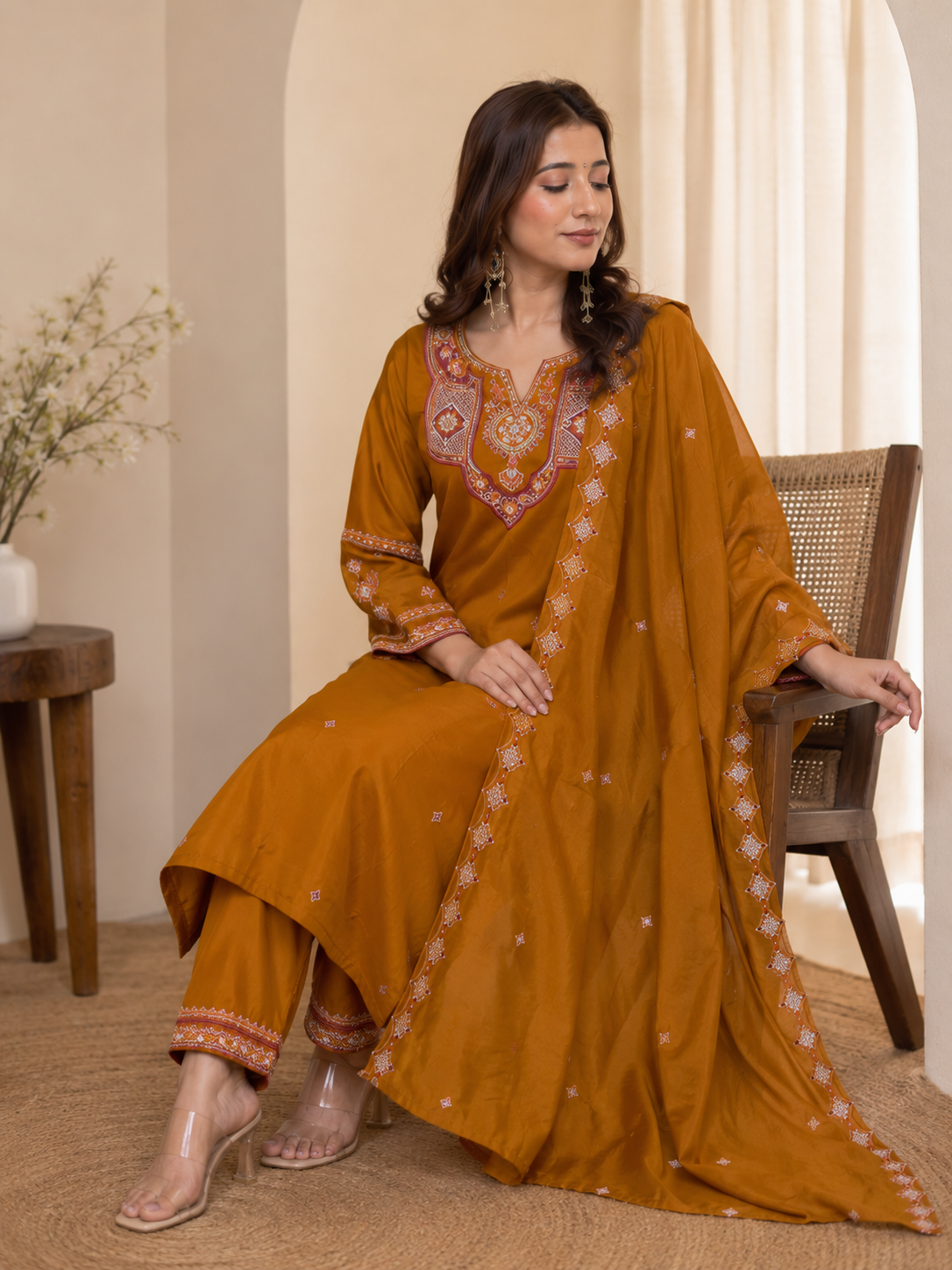 Women's Mustard Embroidered Kurta Pant Dupatta Set