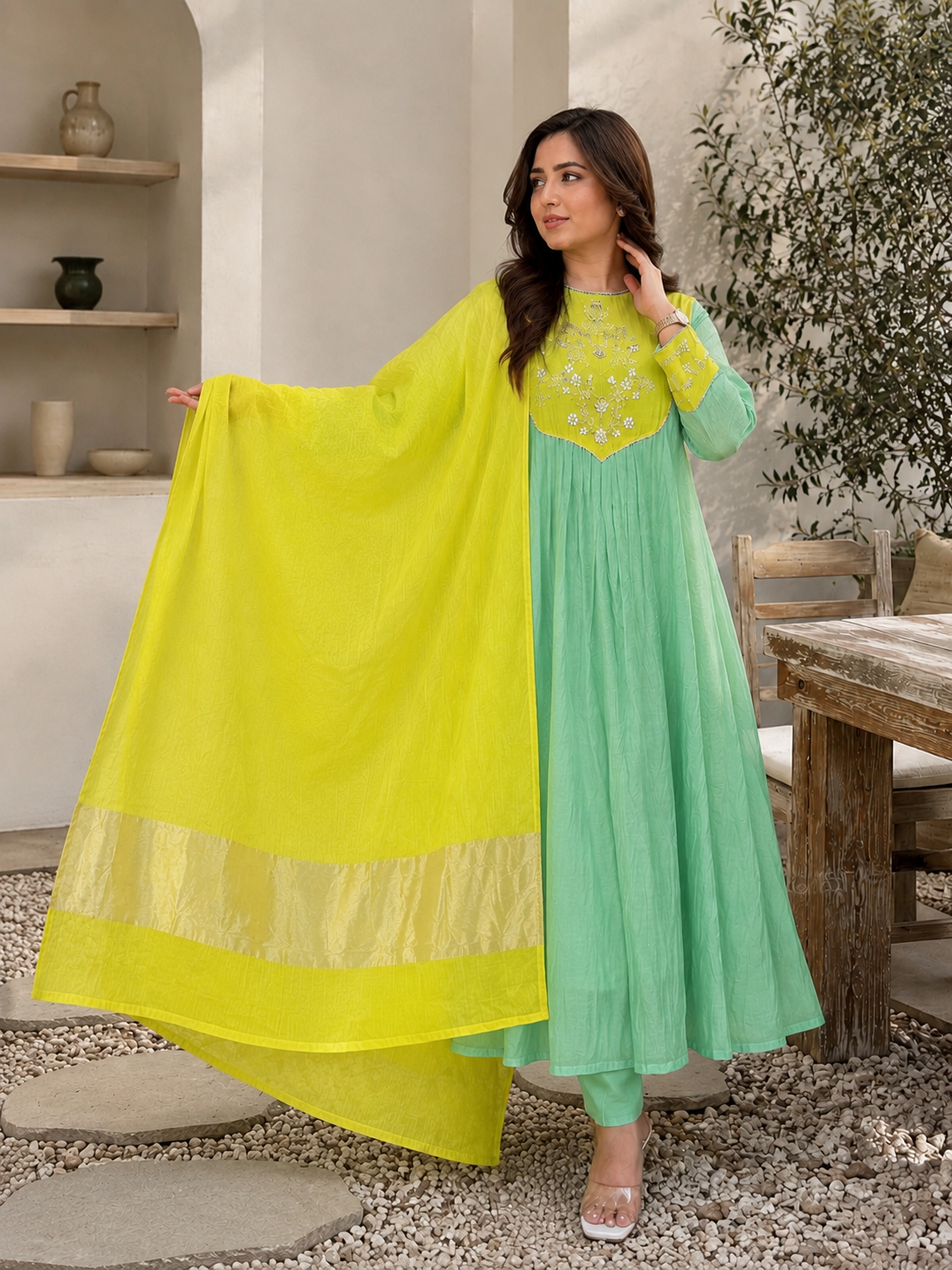 Lime Aqua Anarkali Set