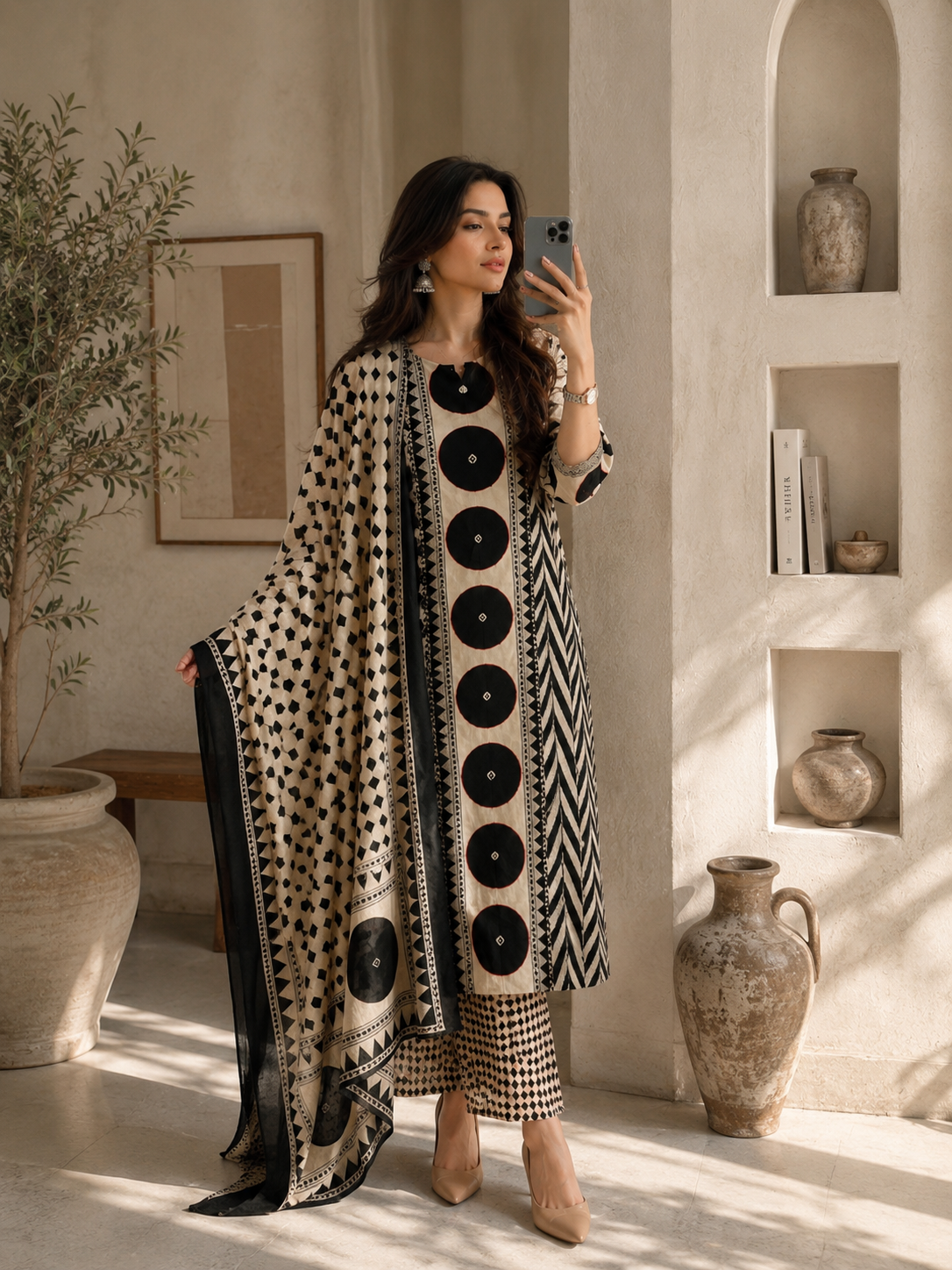 Elegant Black & Beige Printed Cotton Kurta Set with Dupatta